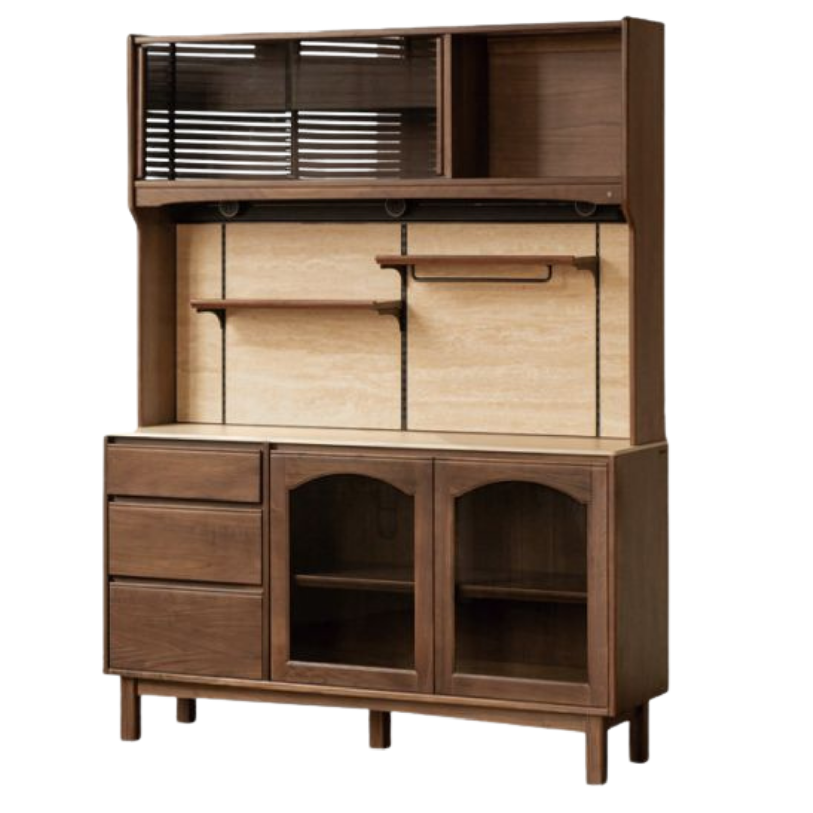 Black Walnut Solid Wood Buffet Cabinet with Retro Style and Rock Board Surface