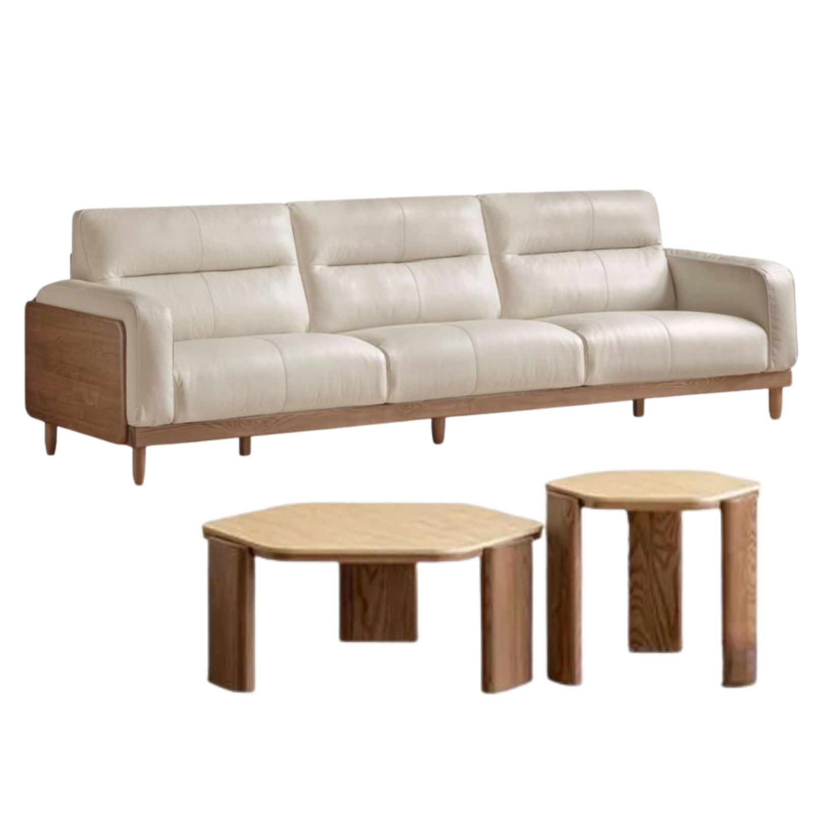 Ash Solid Wood Genuine Leather High Back Sofa