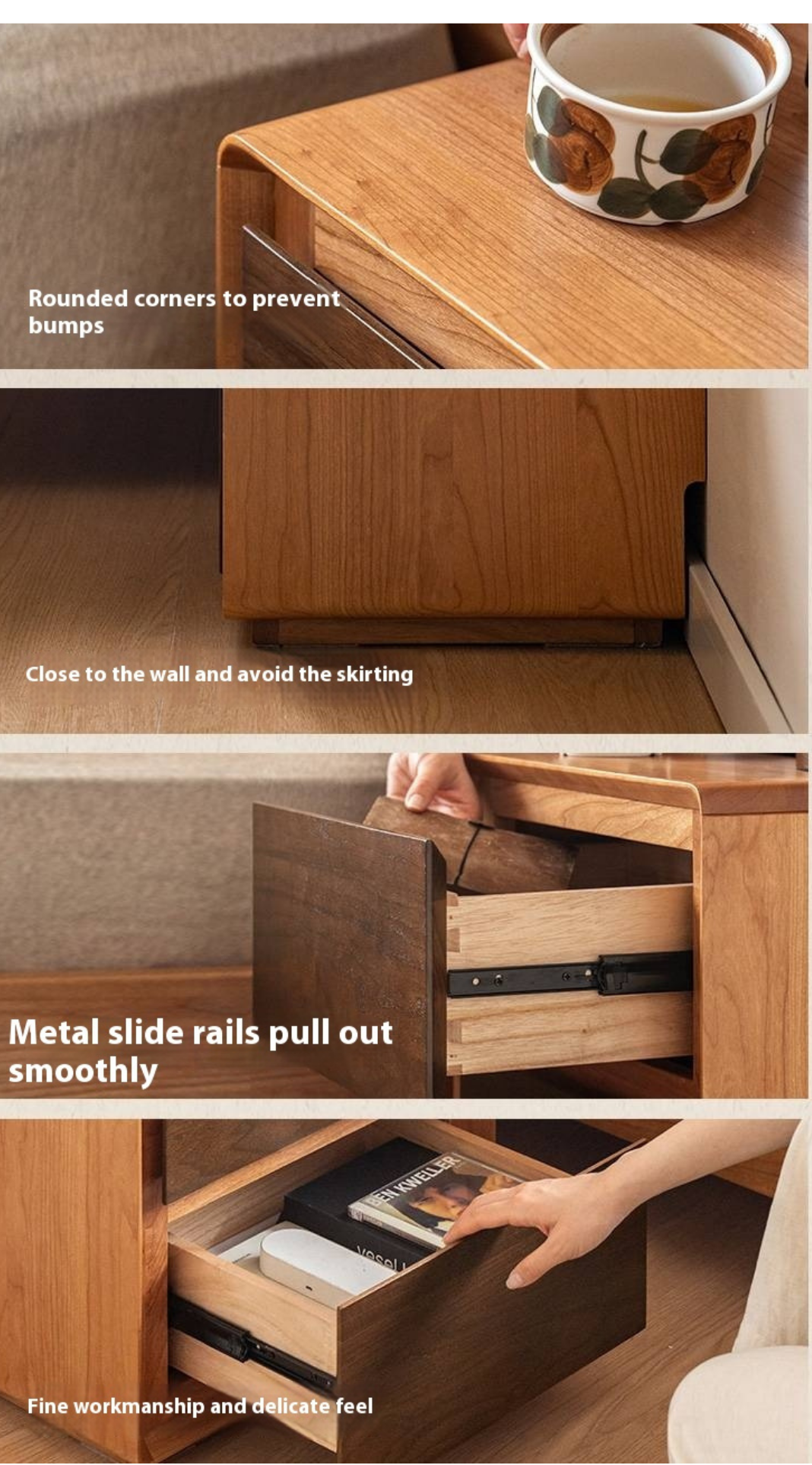 Cherry Solid Wood, Solid Rubberwood Nightstand