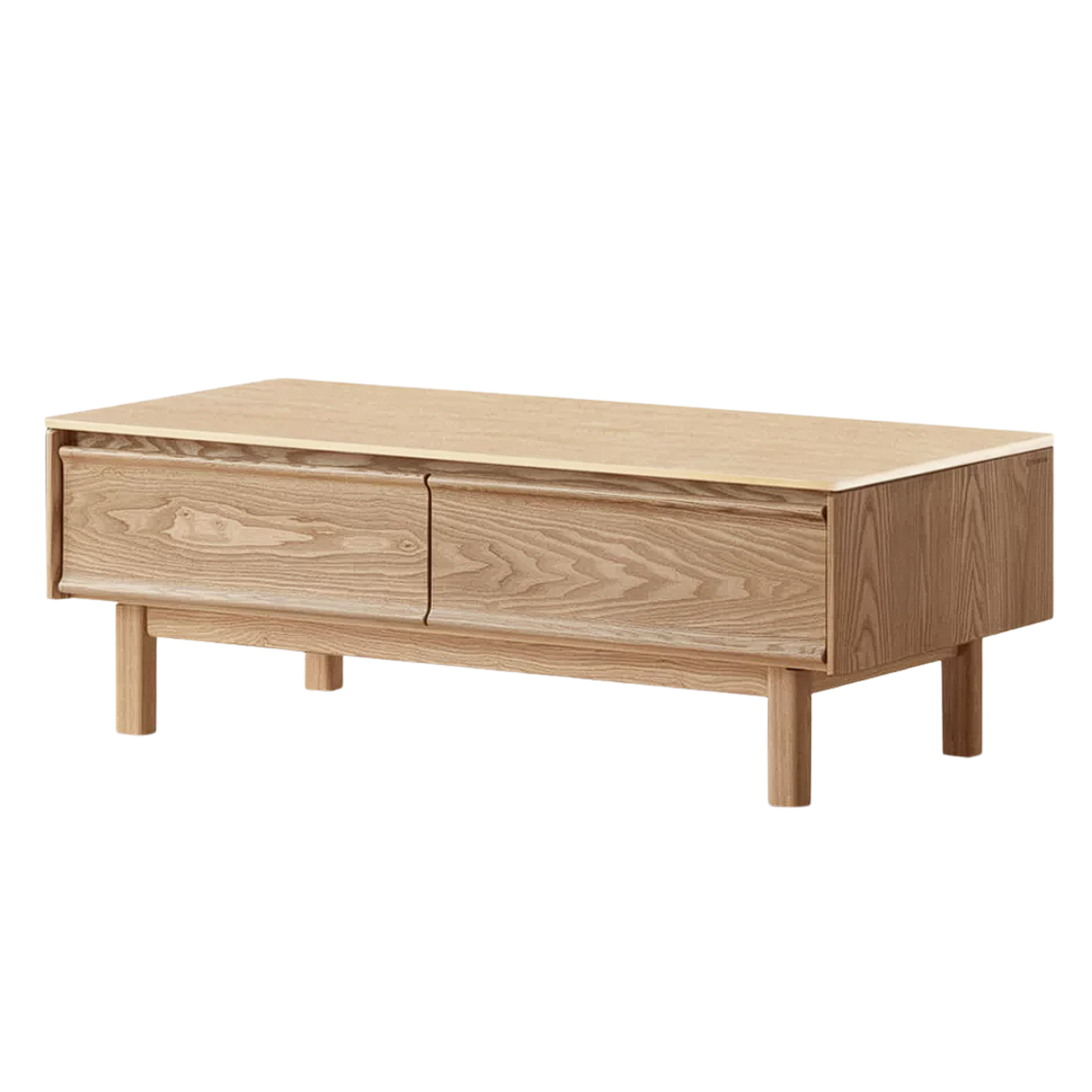 Ash Solid Wood Coffee Table with Beveled Edge, Two Drawers, Tapered Legs