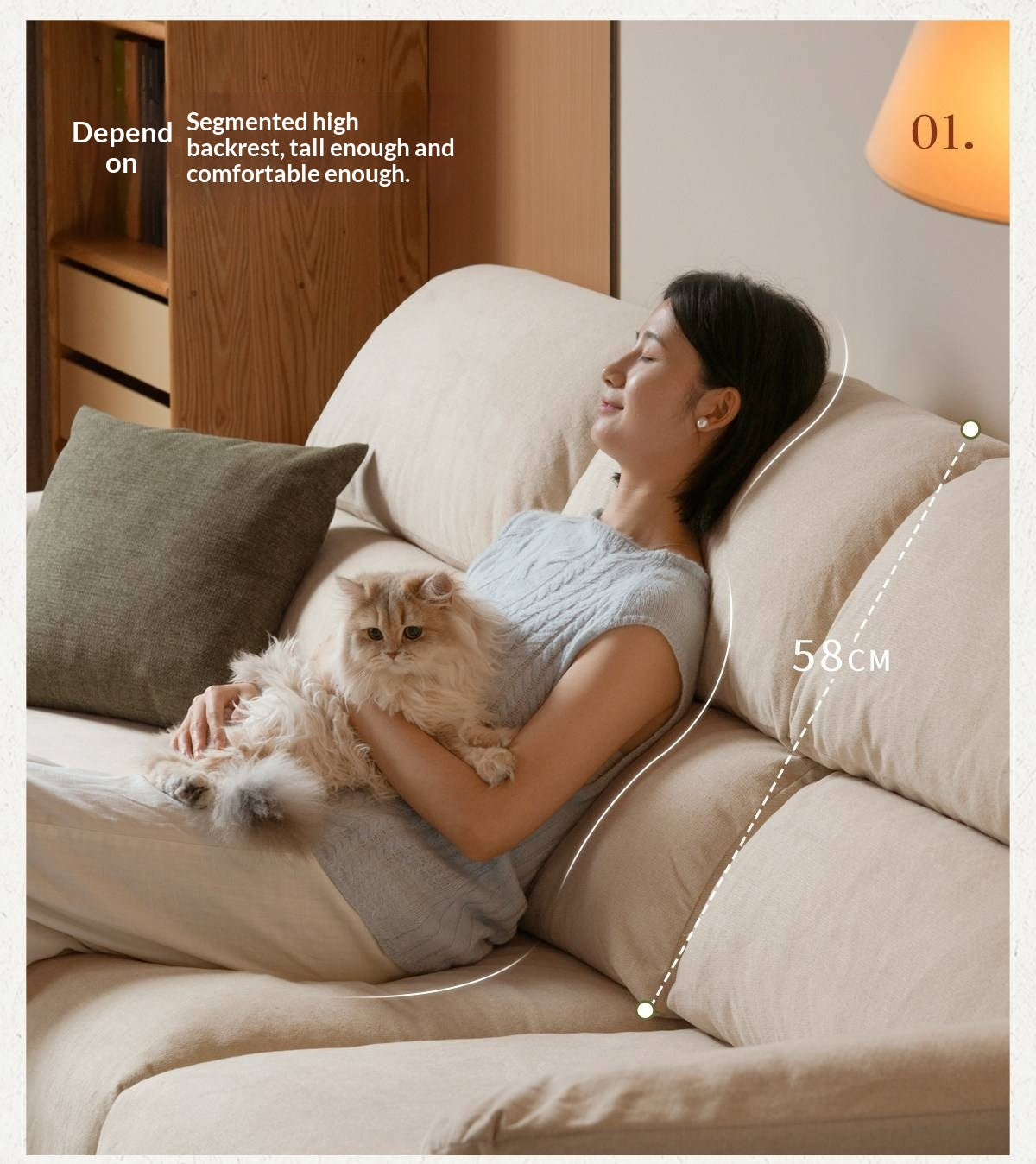 Oak Solid Wood Fabric Sofa, Couch with High Back Cushions, Durable Pet-Friendly Upholstery