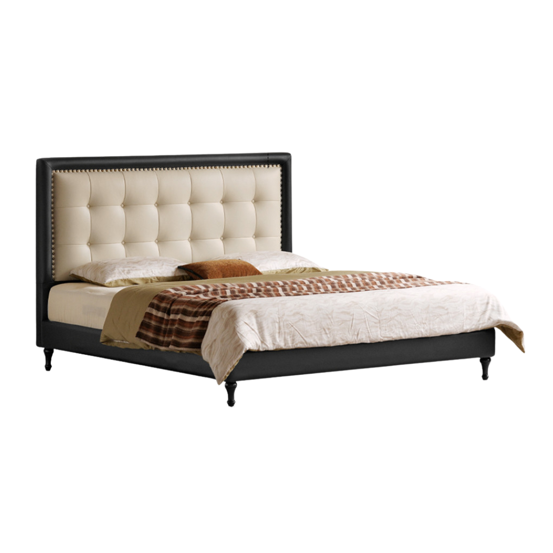 Luxury Genuine Leather Soft Headboard Bed, American Style Riveted Bed