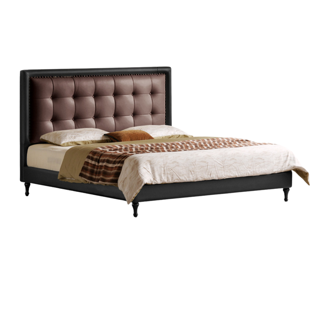 Luxury Genuine Leather Soft Headboard Bed, American Style Riveted Bed