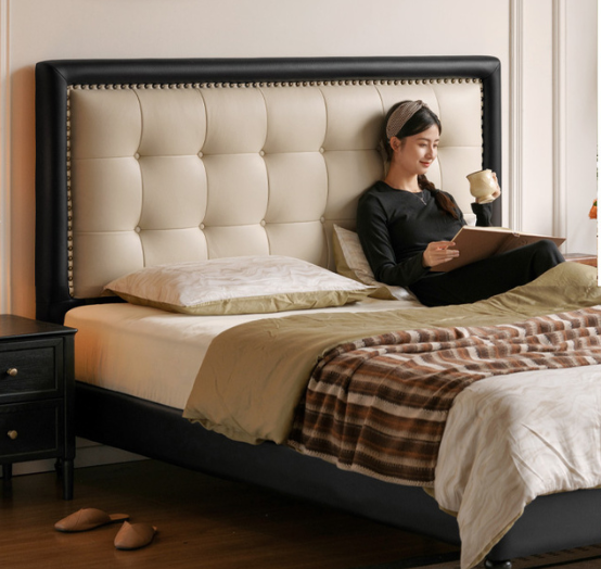 Luxury Genuine Leather Soft Headboard Bed, American Style Riveted Bed