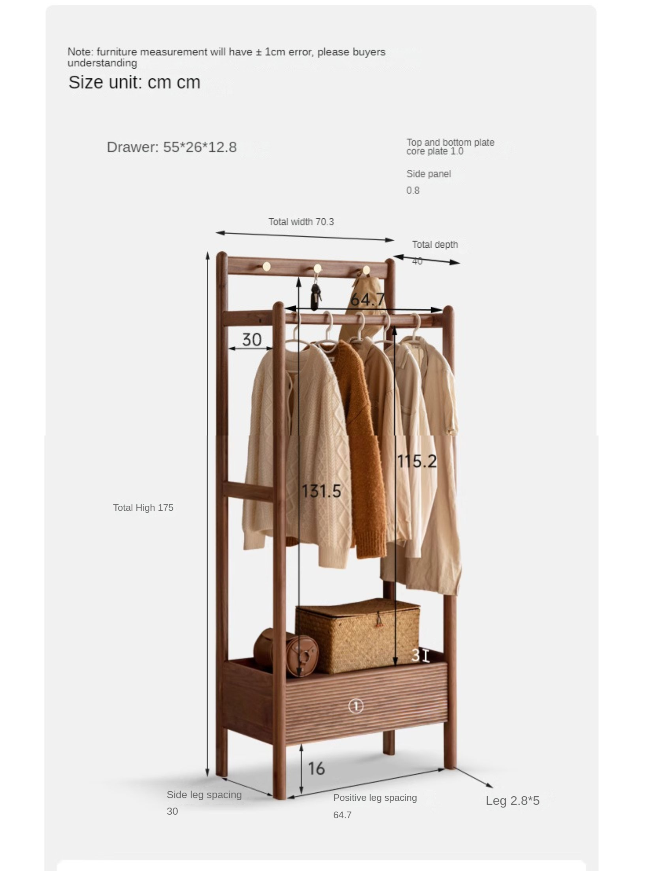 Black Walnut, Oak Solid Wood Floor to Floor Clothes Storage Rack<