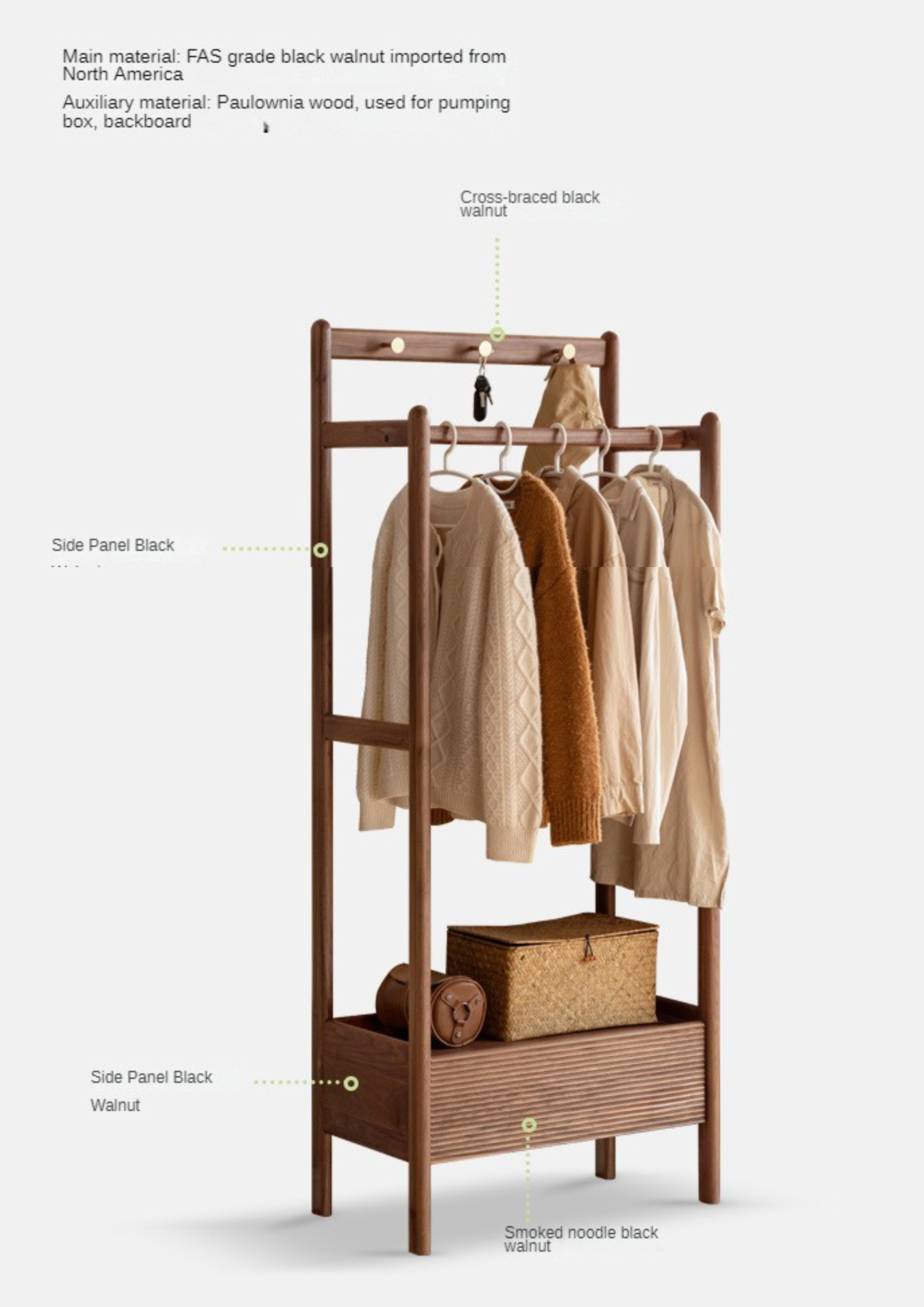 Black Walnut, Oak Solid Wood Floor to Floor Clothes Storage Rack<