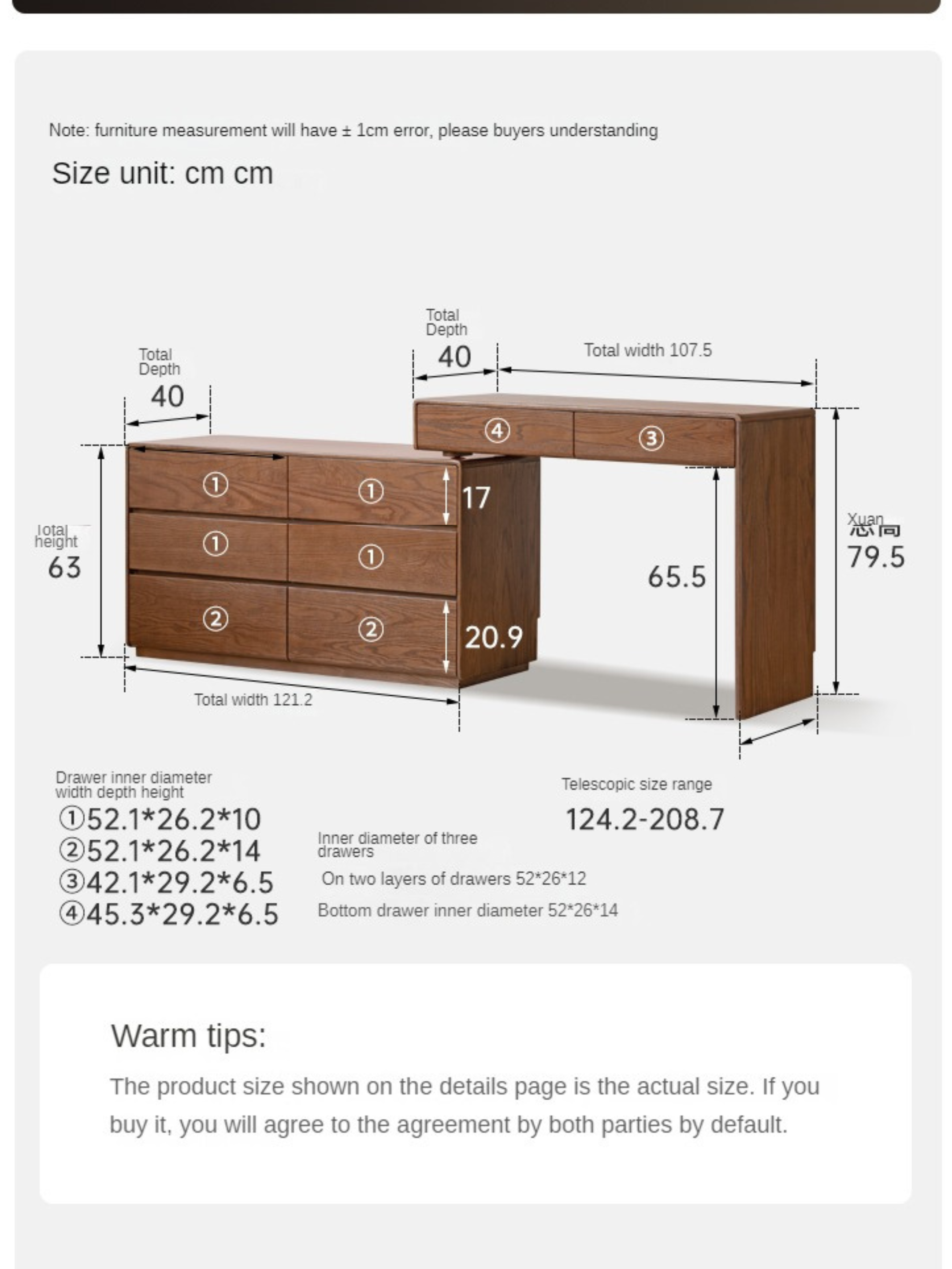 Oak Solid Wood Retro Style Retractable Dressing Table