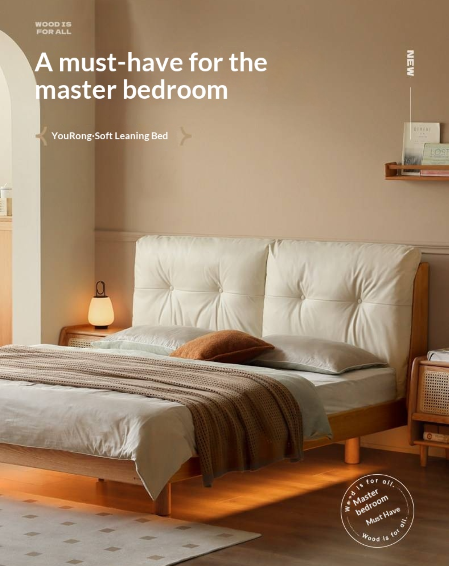 Oak Solid Wood Bed — Modern Minimalist, Genuine Leather Upholstered, Floating Design with Light