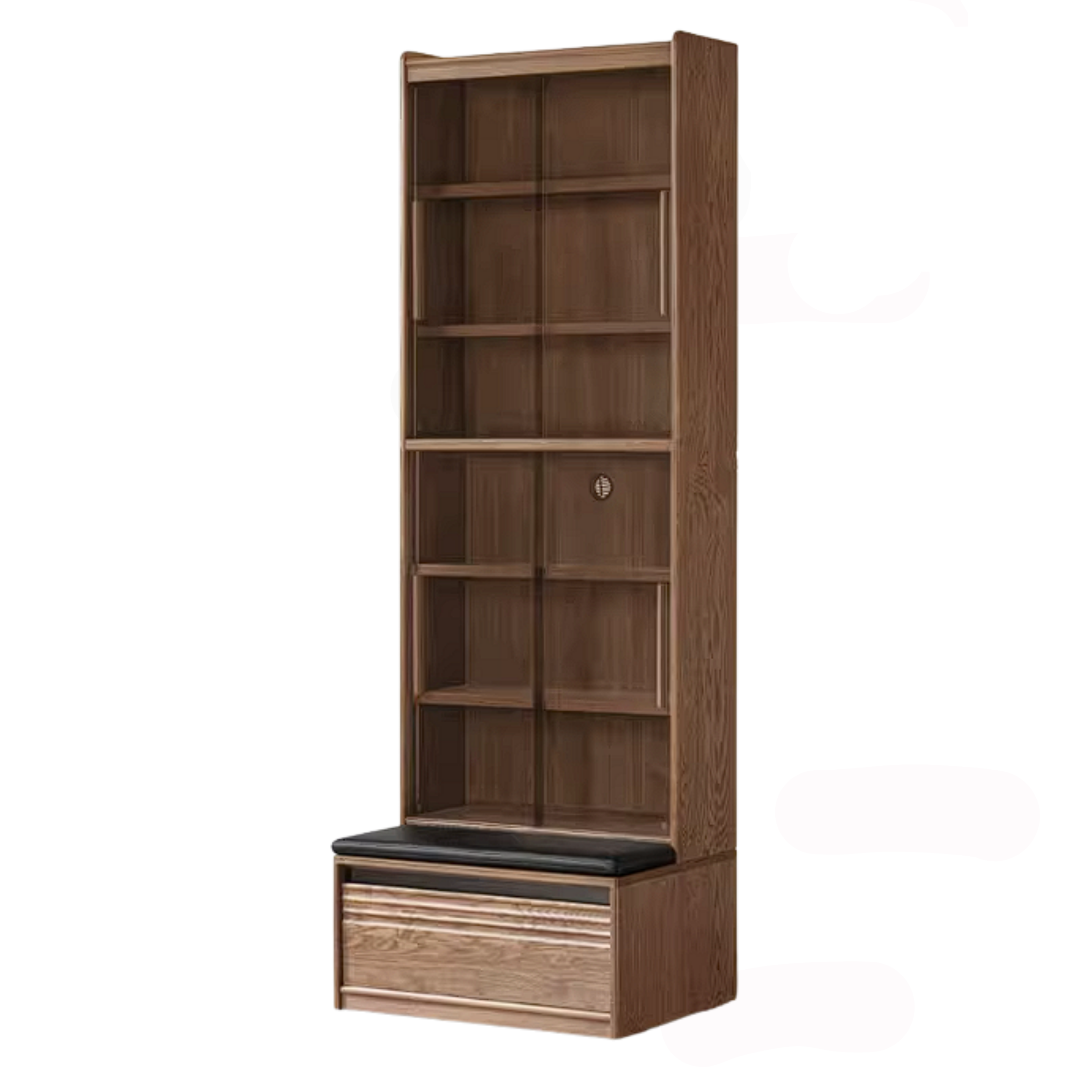 Ash Solid Wood Bookcase with Built In Bench Seat and Storage Drawer, Display Cabinet