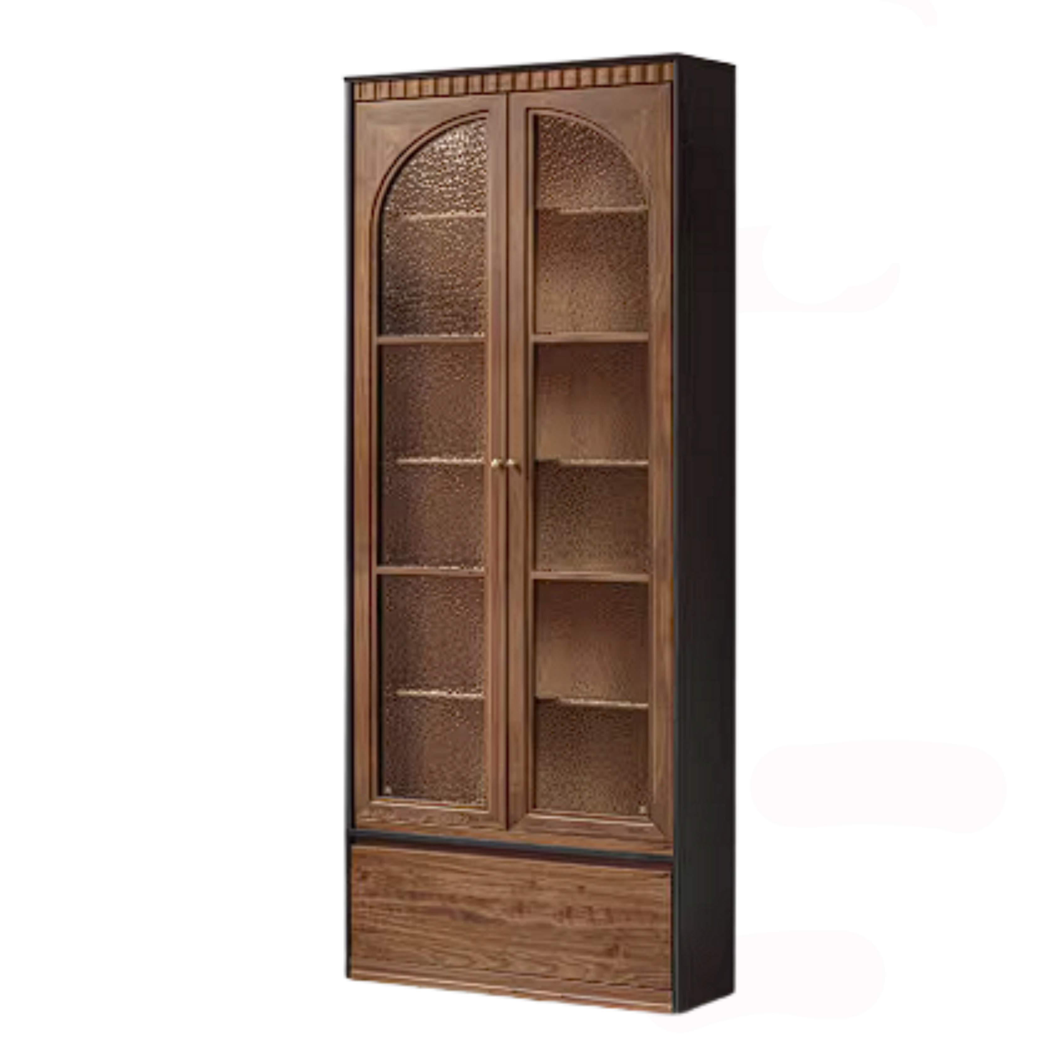 Black Walnut Solid Wood Bookcase with French Retro Display Cabinet