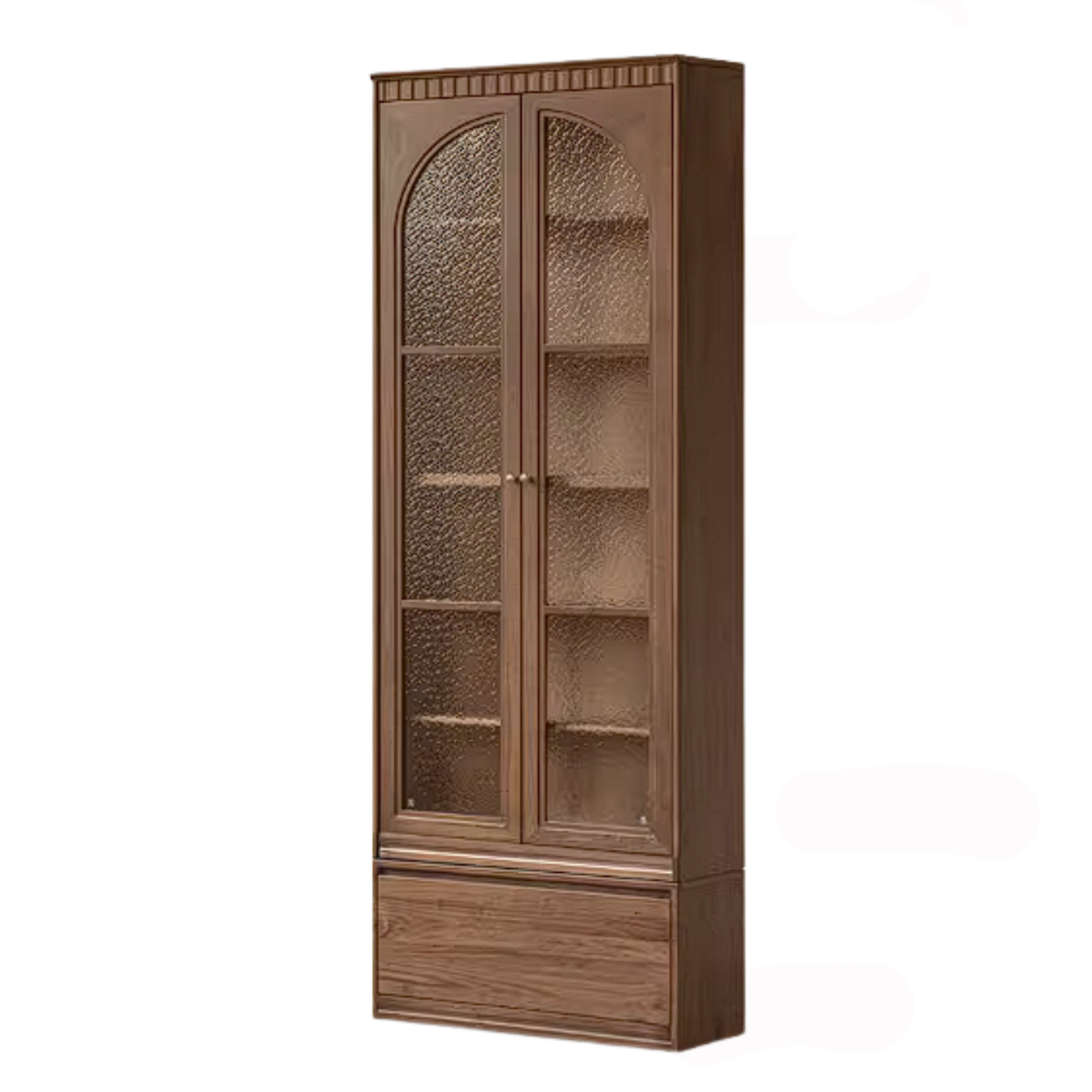 Black Walnut Solid Wood Arched Vintage Bookcase with Glass Door and Storage Drawer