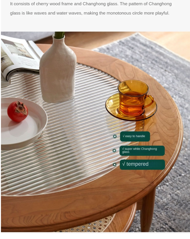 Cherry Wood Solid Wood Glass Round Coffee Table