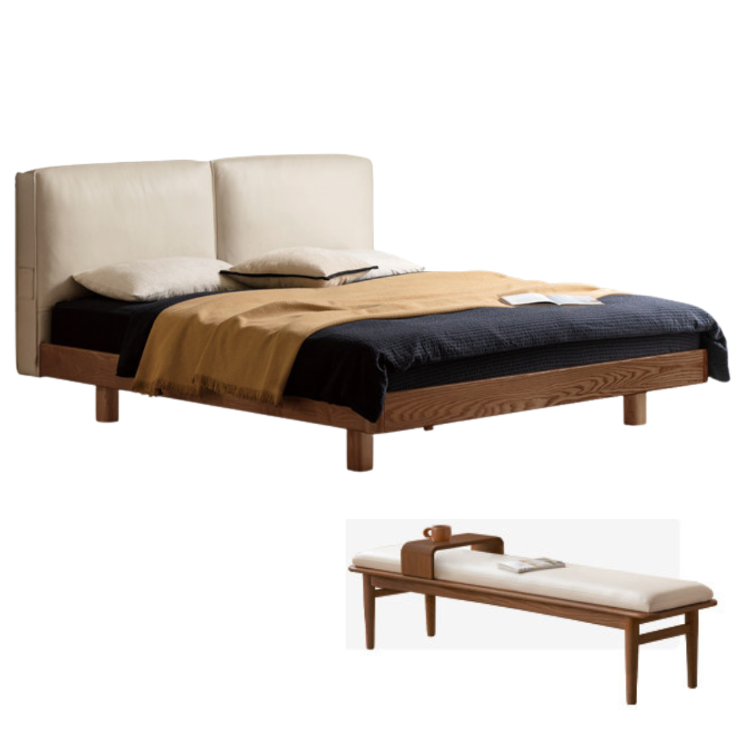 Ash Solid Wood Floating Bed — Modern Minimalist, Genuine Leather Upholstery