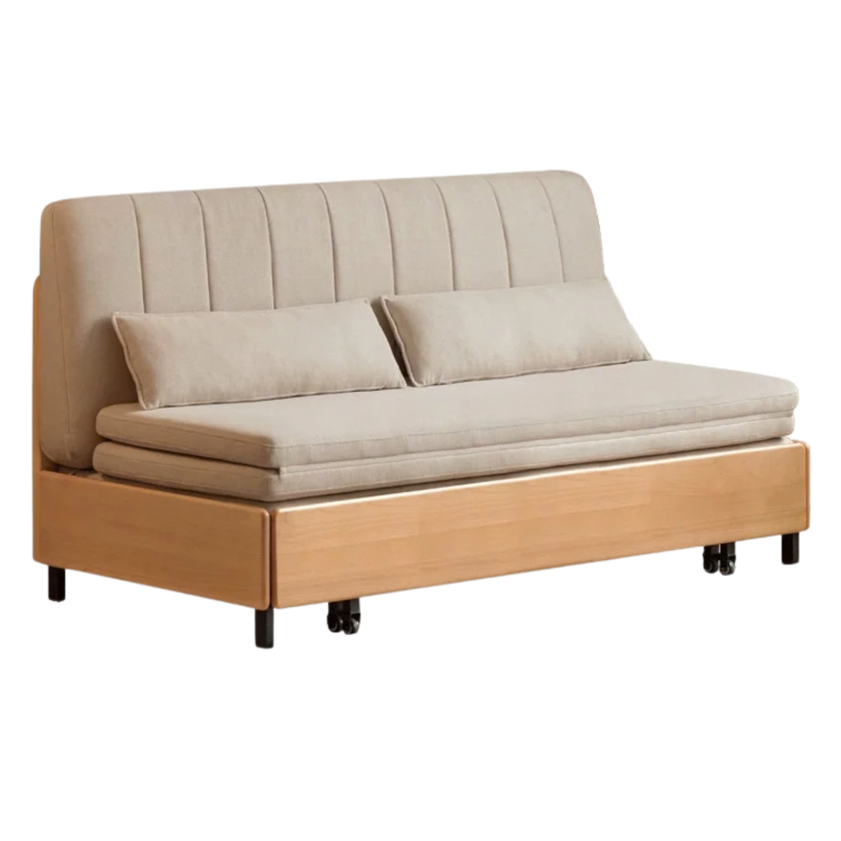 Beech, Birch Solid Wood Channeled Sofa Bed with Three-Fold Pull-Out Mechanism and Metal Legs