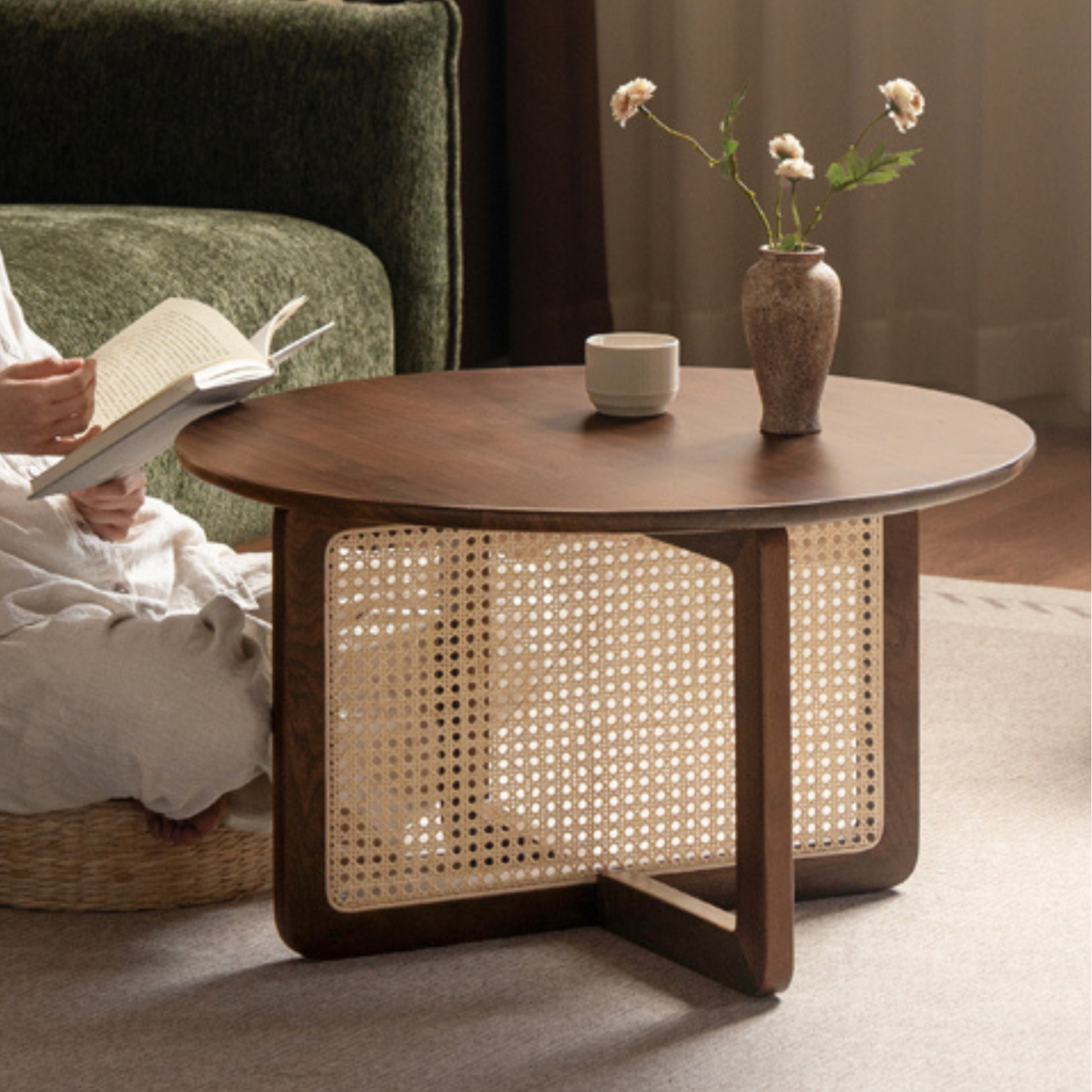 Black Walnut, Oak Solid Wood Rattan Modern Coffee Table