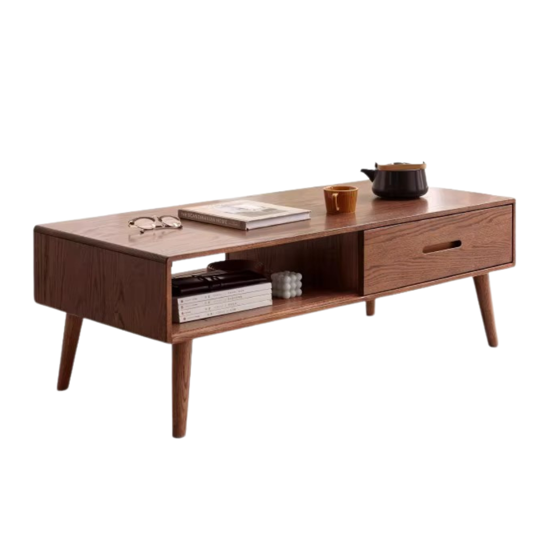 Oak solid wood Two-drawer coffee table walnut color-