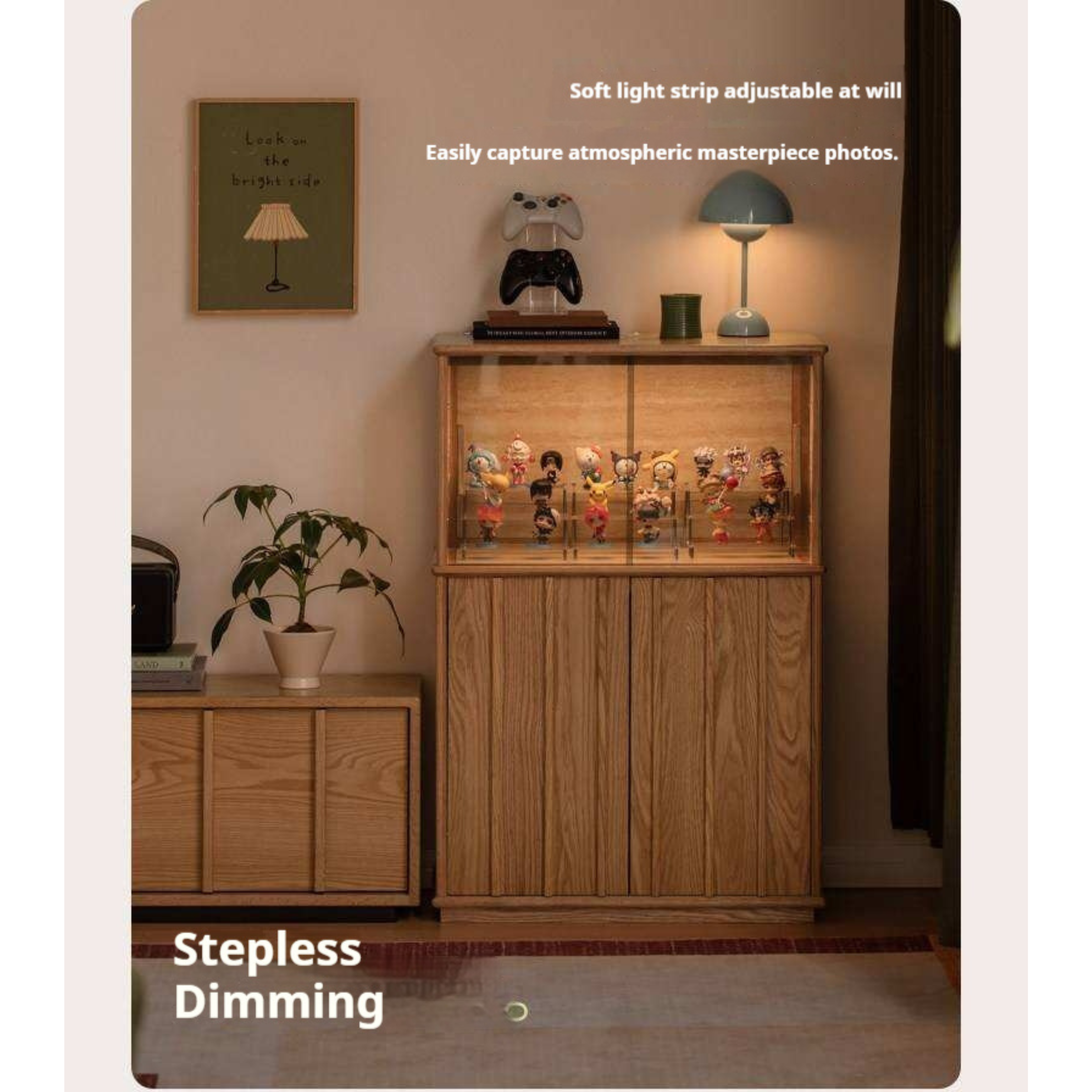 Oak Solid Wood Lighted Display Cabinet with Glass Door and Fluted Wood Panels