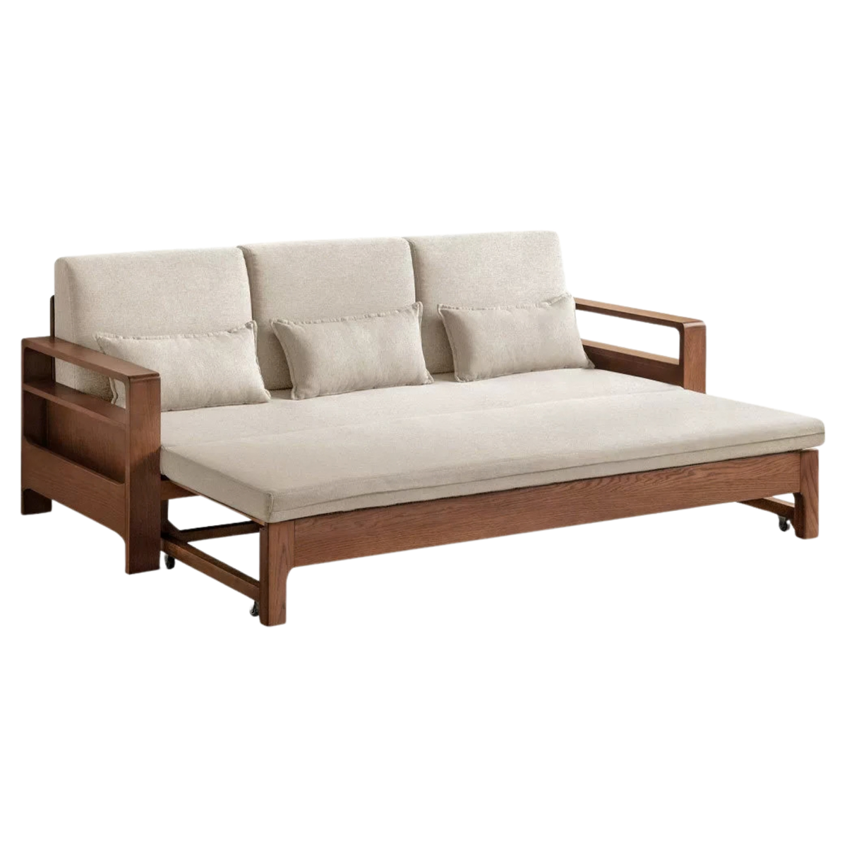 Oak, Beech Sofa Bed with Wood Frame and Side Storage Pocket