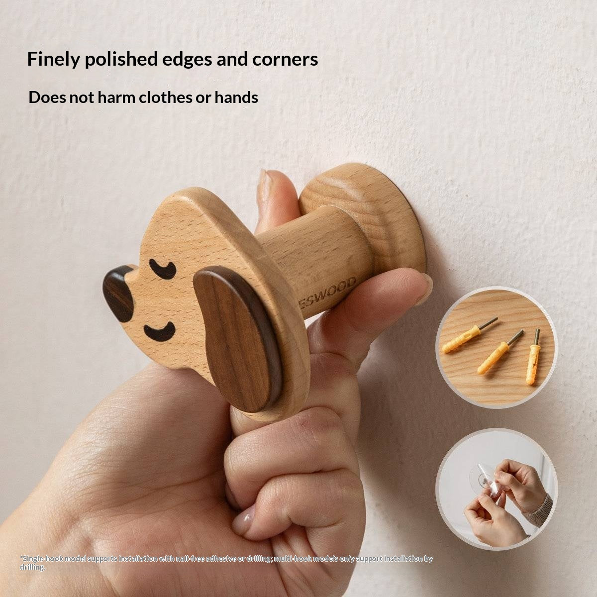 Beech, Black Walnut Solid Wood Puppy-Shaped Wall Hook with Cute Cartoon Design