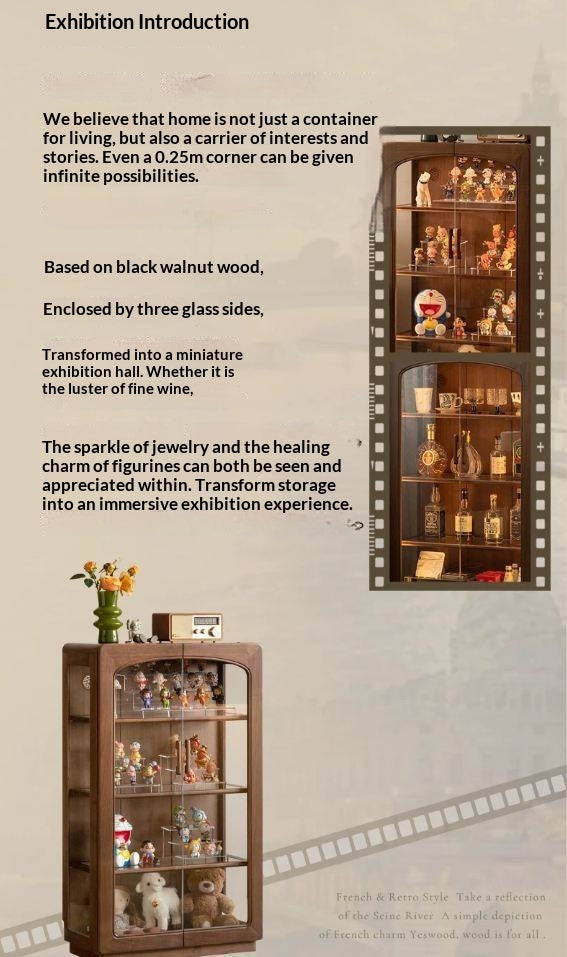 Black Walnut Solid Wood Side Cabinet with LED Lighting and Glass Panels