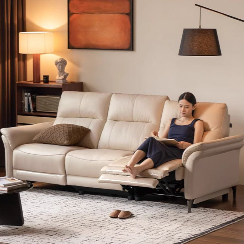 Pine Solid Wood Leather Sofa Cream Style Functional Electric