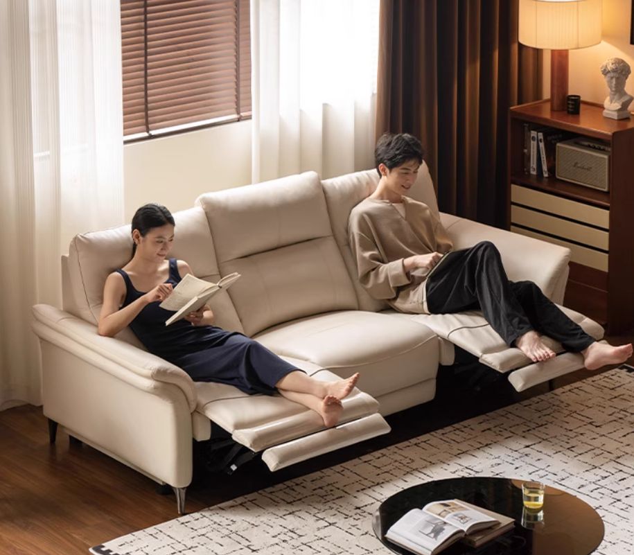 Pine Solid Wood Leather Sofa Cream Style Functional Electric