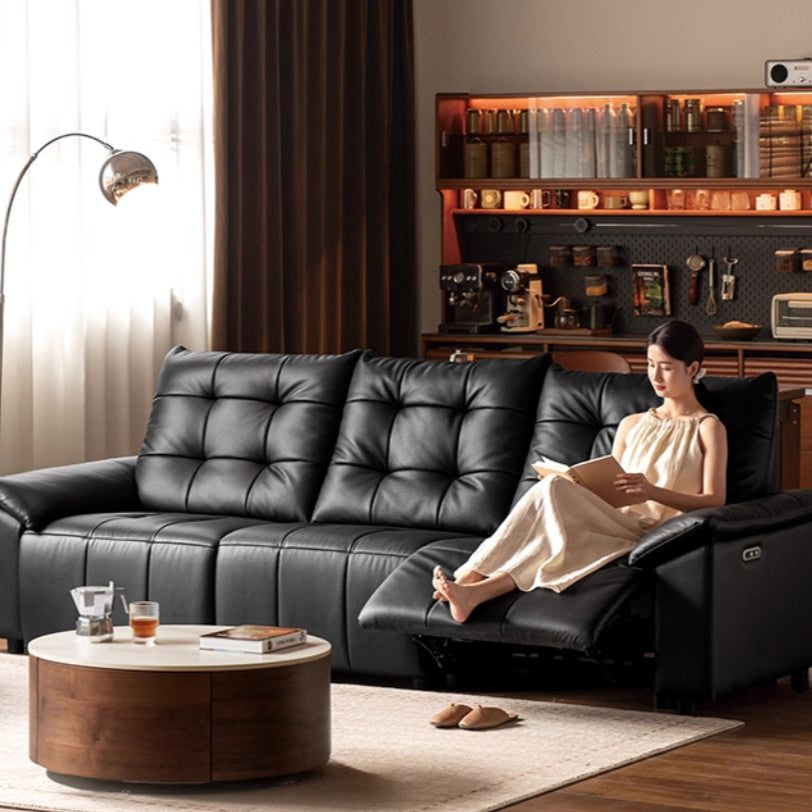 Pine Solid Wood Big Black Functional Leather Sofa
