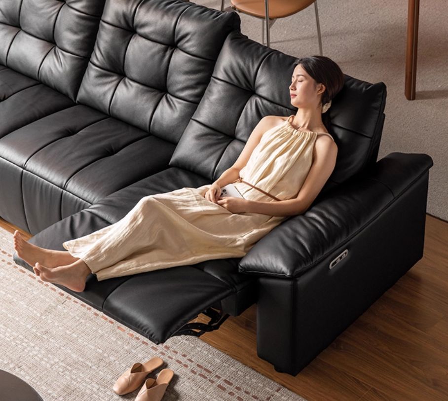 Pine Solid Wood Big Black Functional Leather Sofa