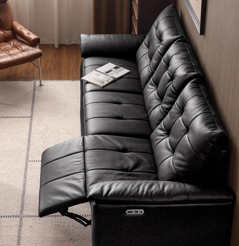 Pine Solid Wood Big Black Functional Leather Sofa