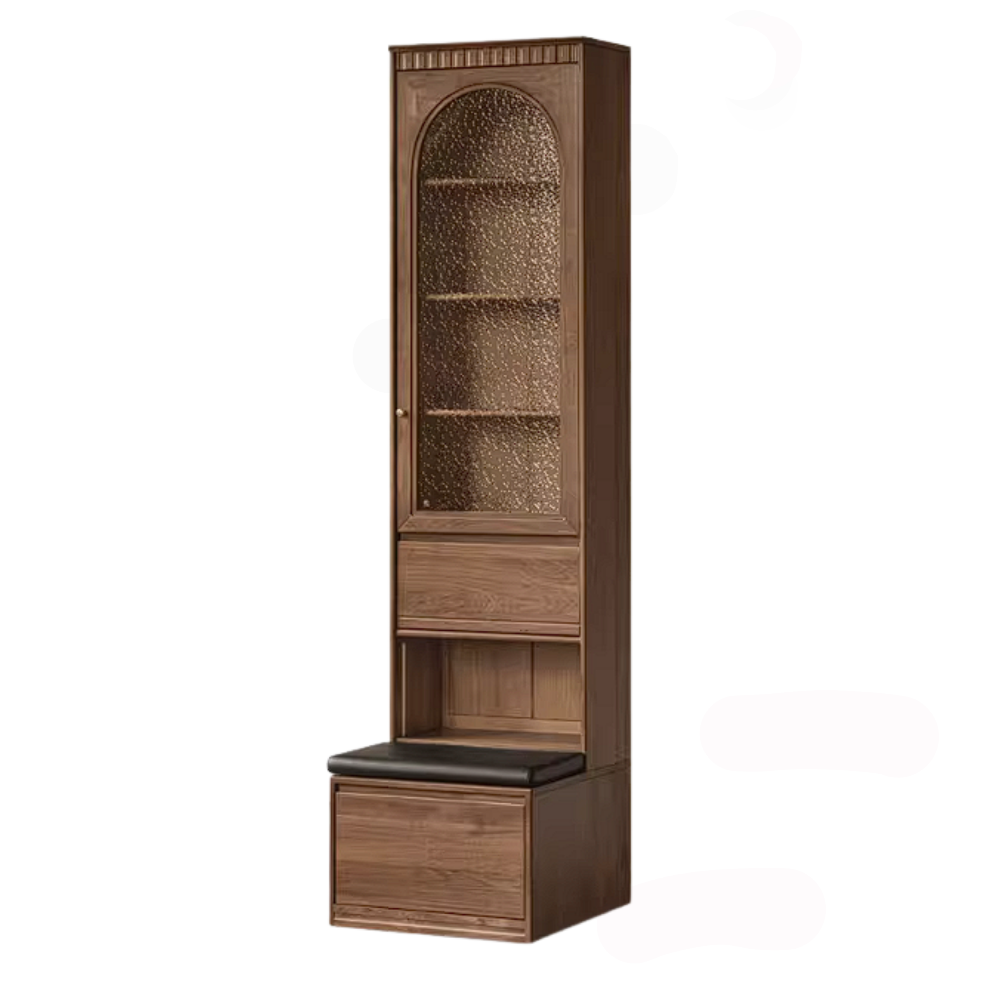 Black Walnut Solid Wood Bookcase with Booth Seating and Display Cabinet