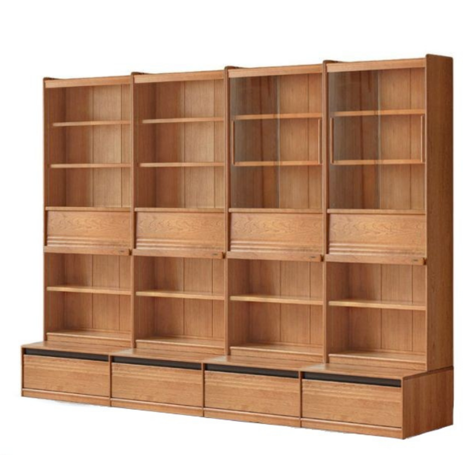 Cherry Solid Wood Bookcase with Wall Integration and Floor Storage Cabinet