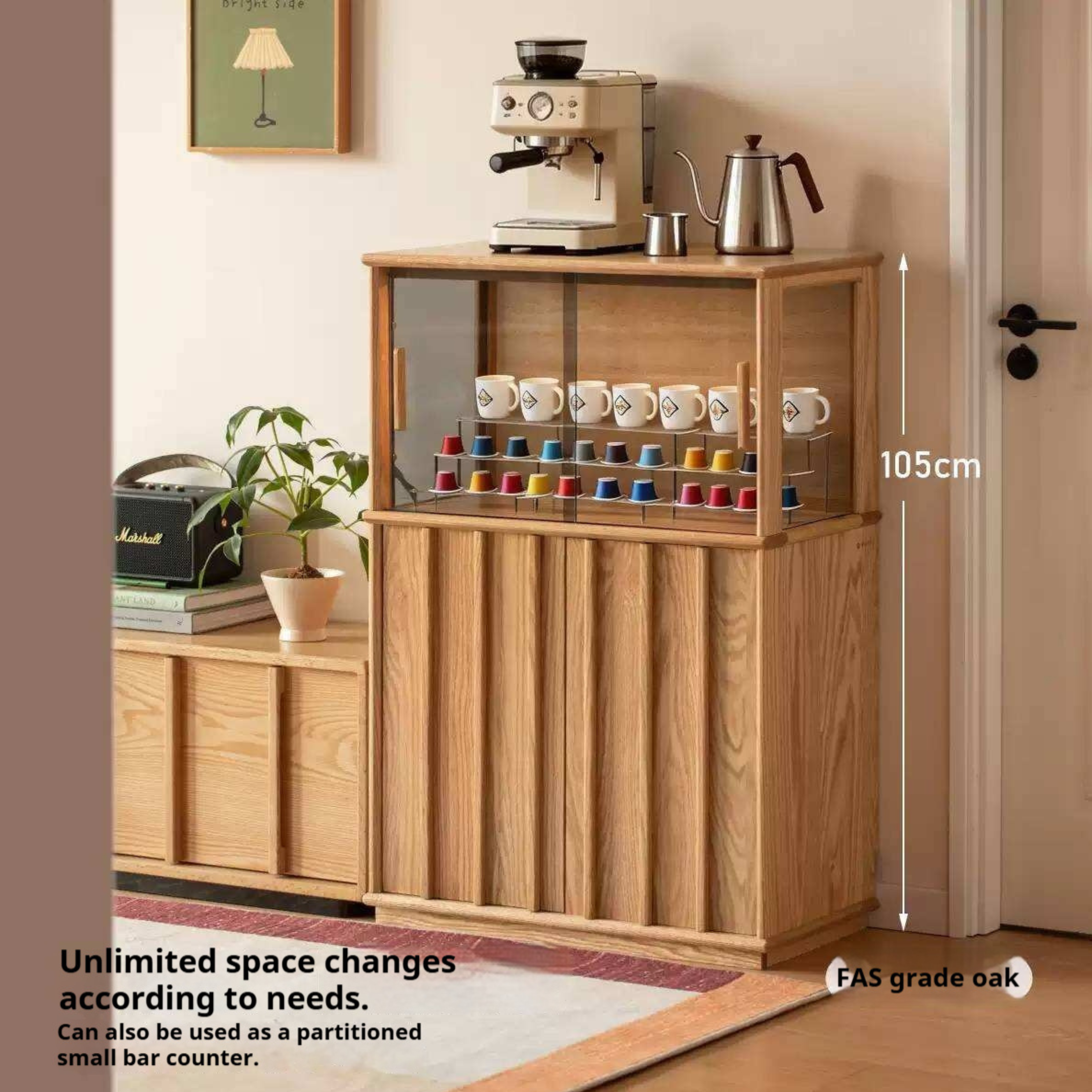 Oak Solid Wood Lighted Display Cabinet with Glass Door and Fluted Wood Panels