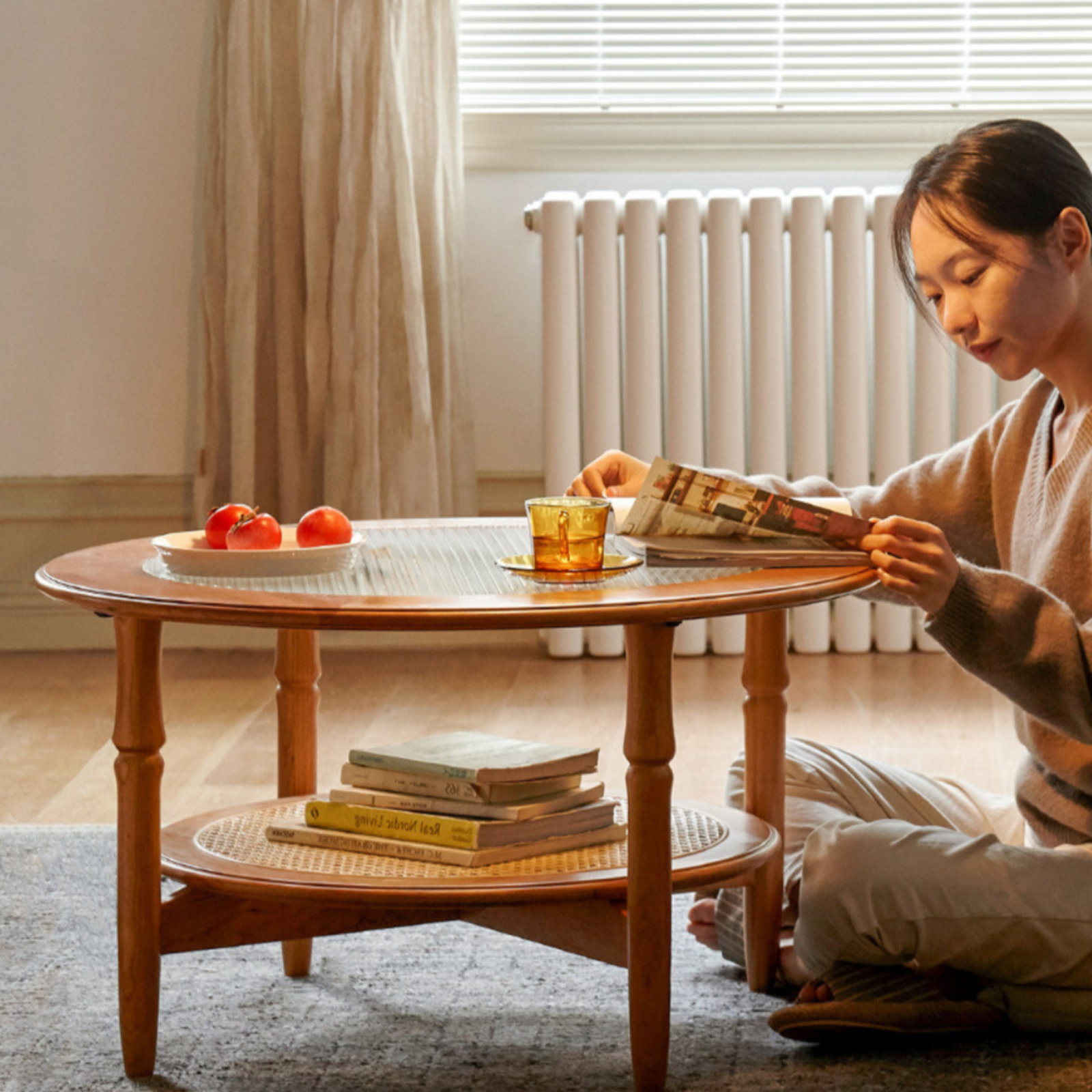 Cherry Wood Solid Wood Glass Round Coffee Table