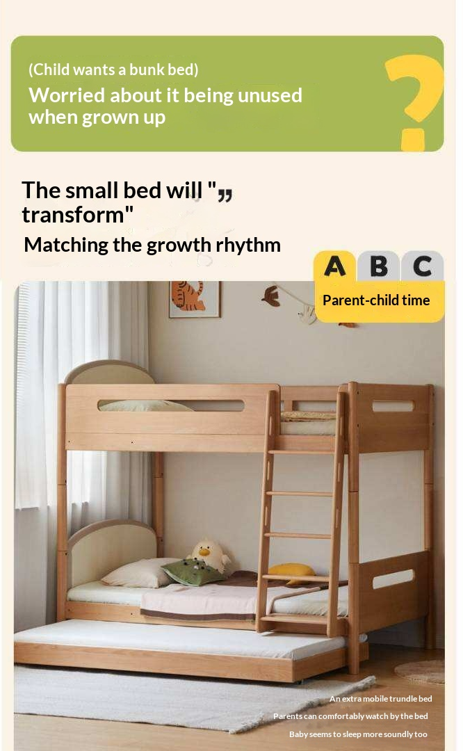 Beech Solid Wood Compact Bunk Bed, Suitable for Adults and Children