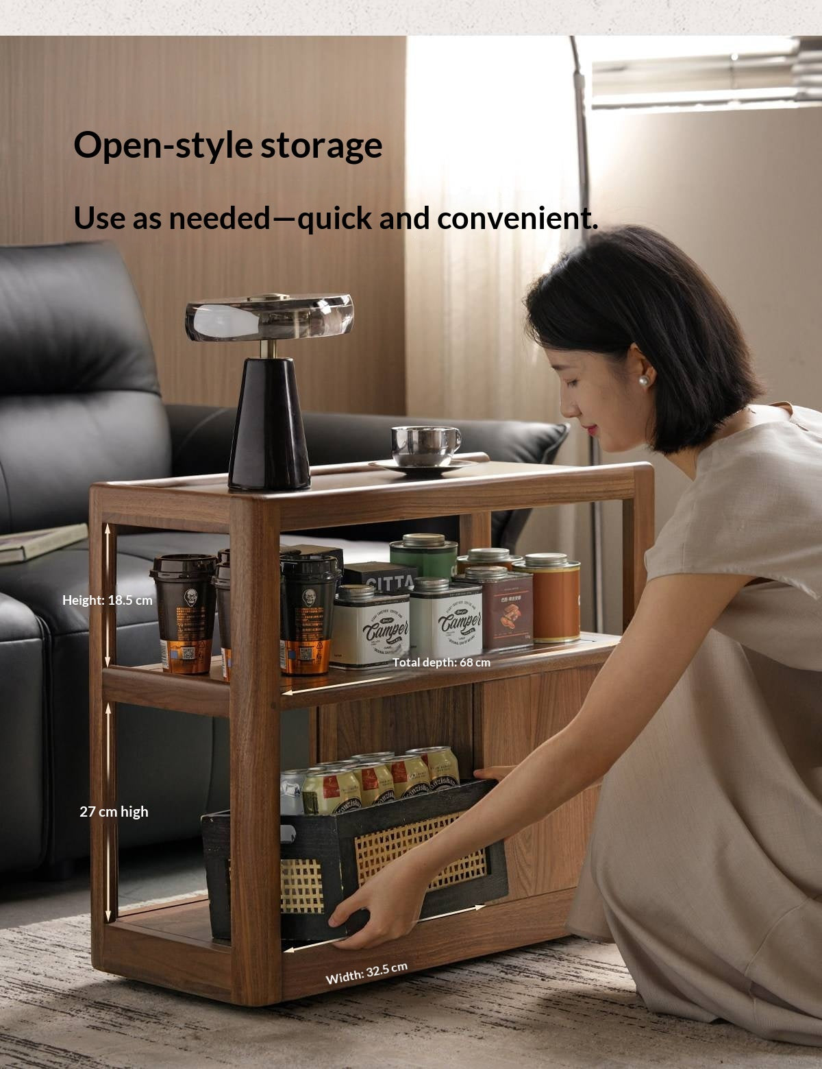 Black Walnut, Sandalwood, Oak, Ash Rolling Side Table with Stone Top and Open Storage Shelves