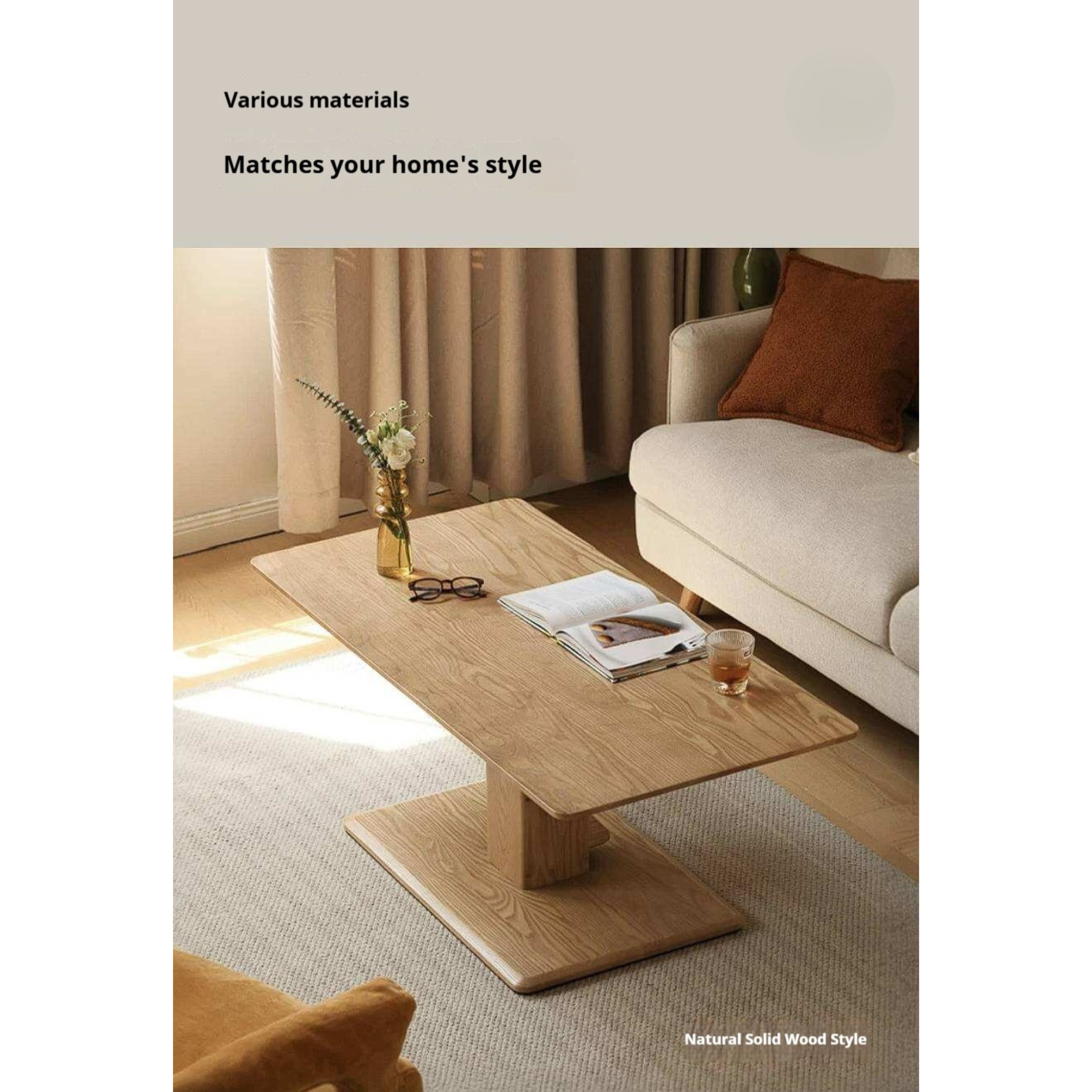 Black Walnut, Oak, Ash, Cherry Wood, Golden Sandalwood Solid Wood Adjustable Height Coffee Table