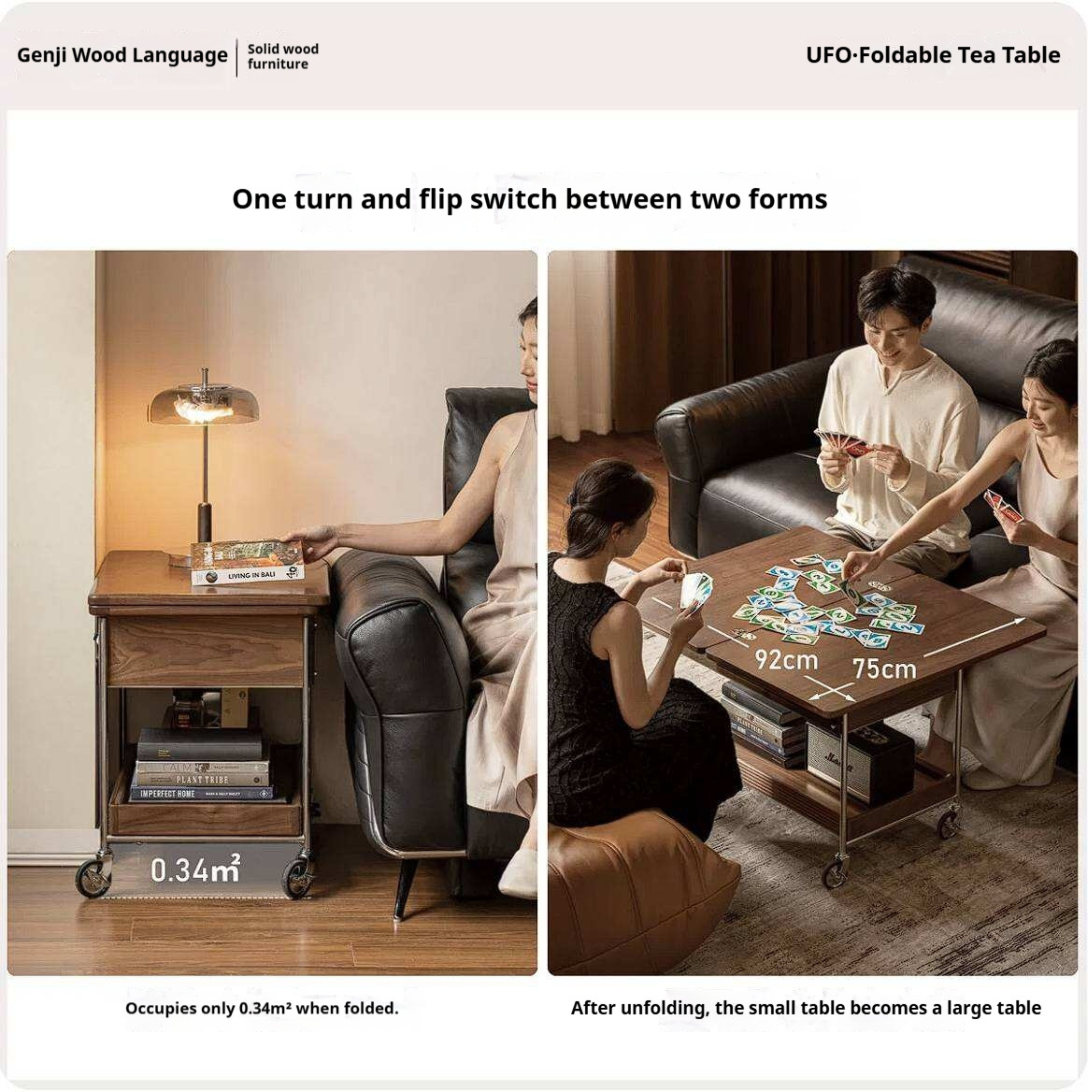Black Walnut Solid Wood Foldable Coffee Table with Modern Living Room Design