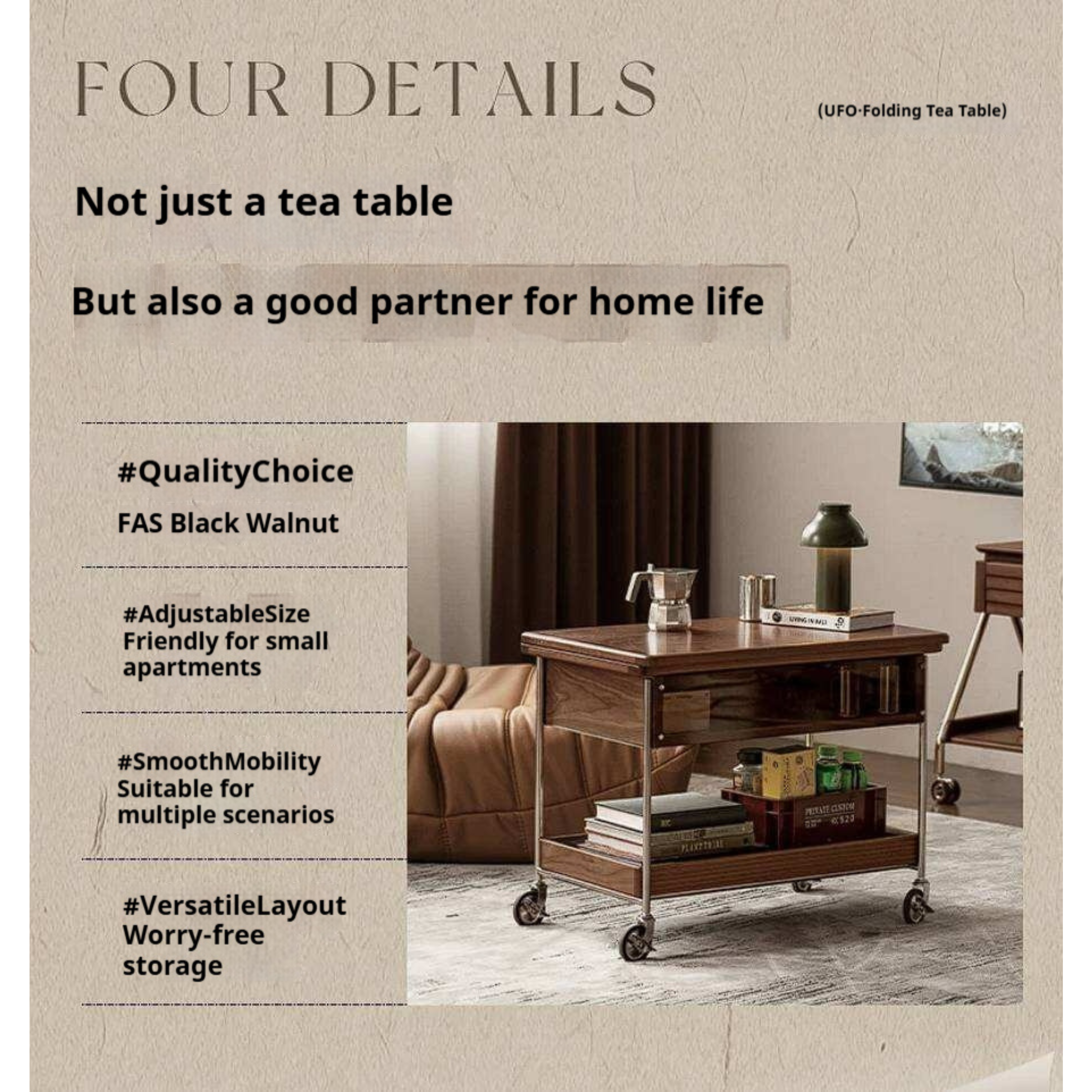 Black Walnut Solid Wood Foldable Coffee Table with Modern Living Room Design