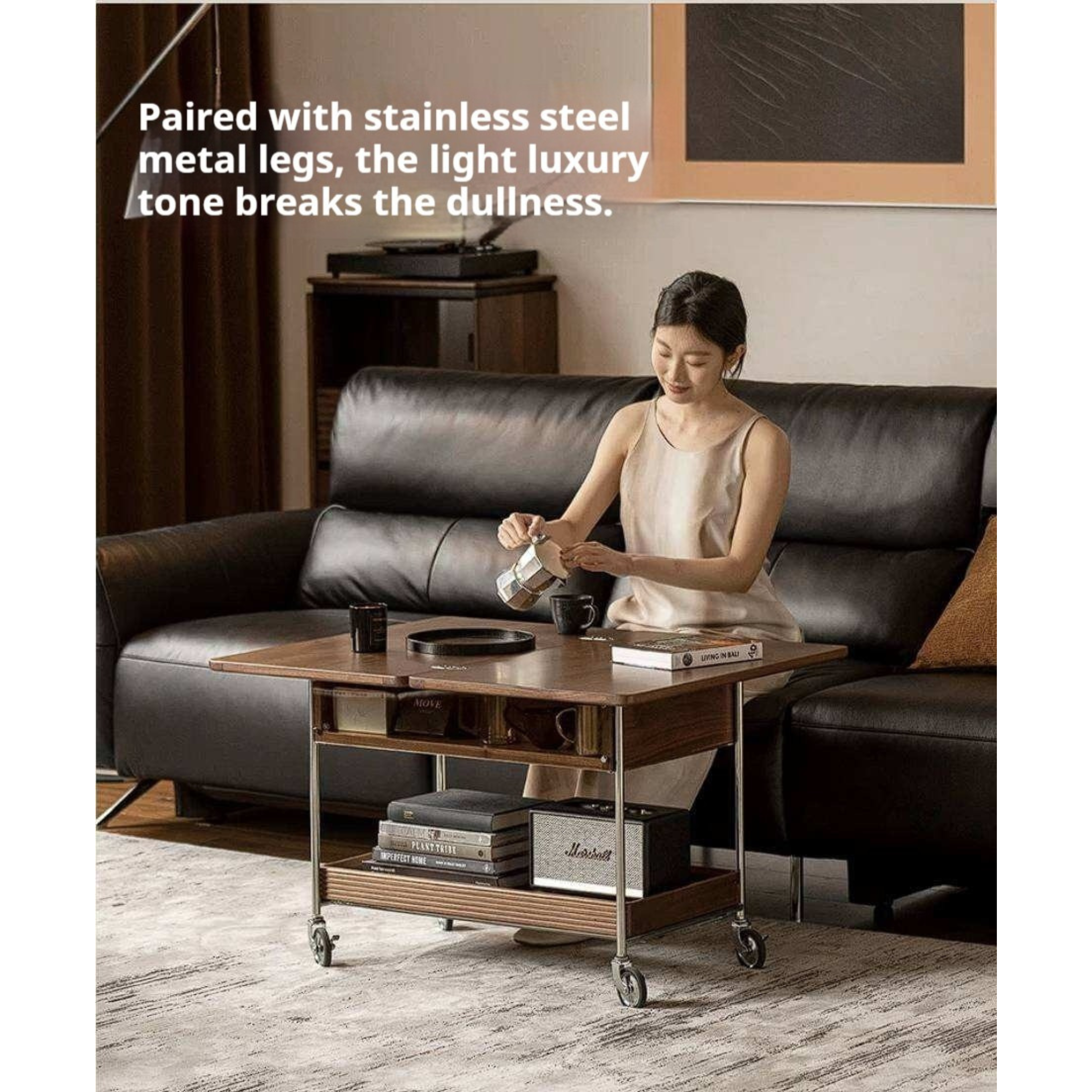 Black Walnut Solid Wood Foldable Coffee Table with Modern Living Room Design