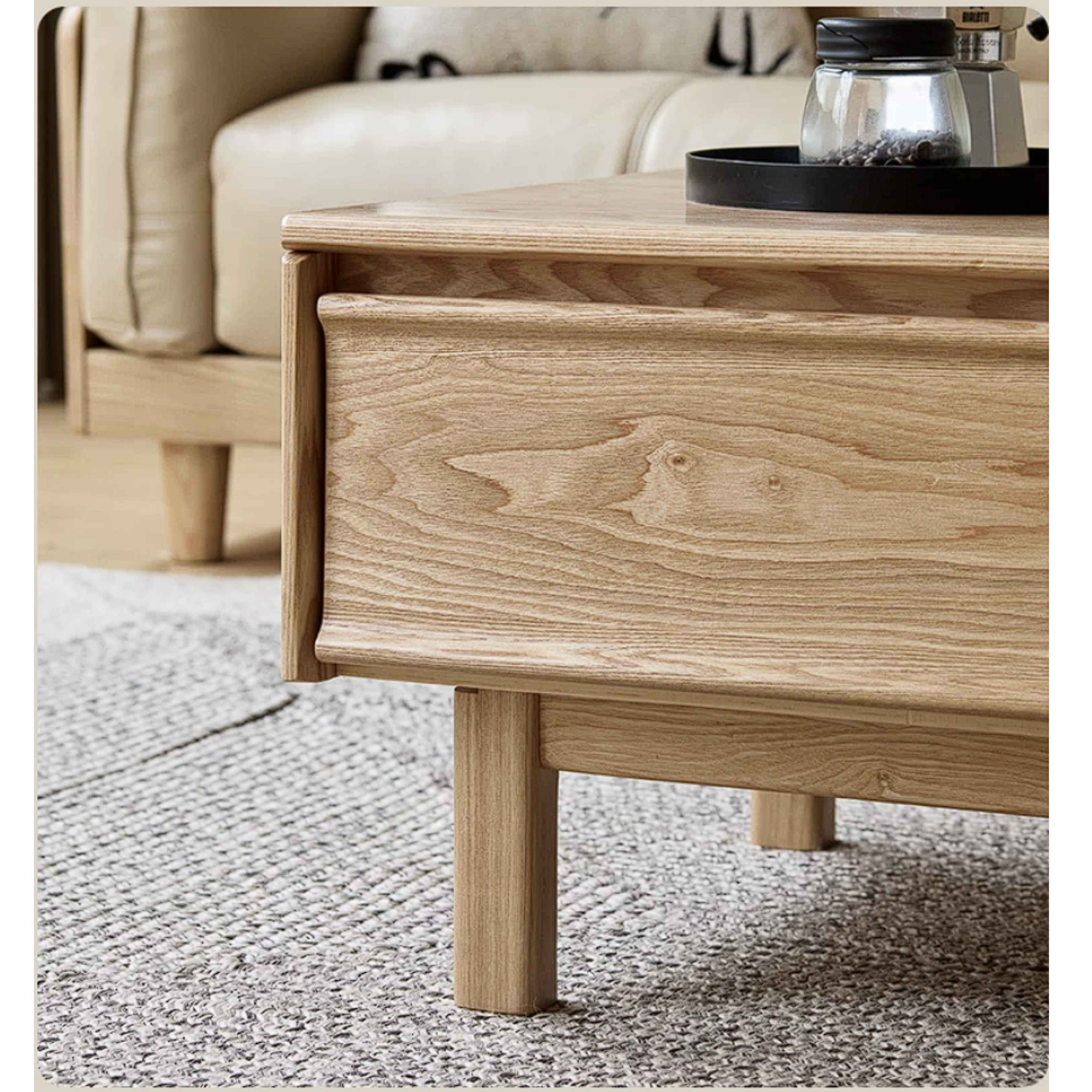 Ash Solid Wood Coffee Table with Beveled Edge, Two Drawers, Tapered Legs
