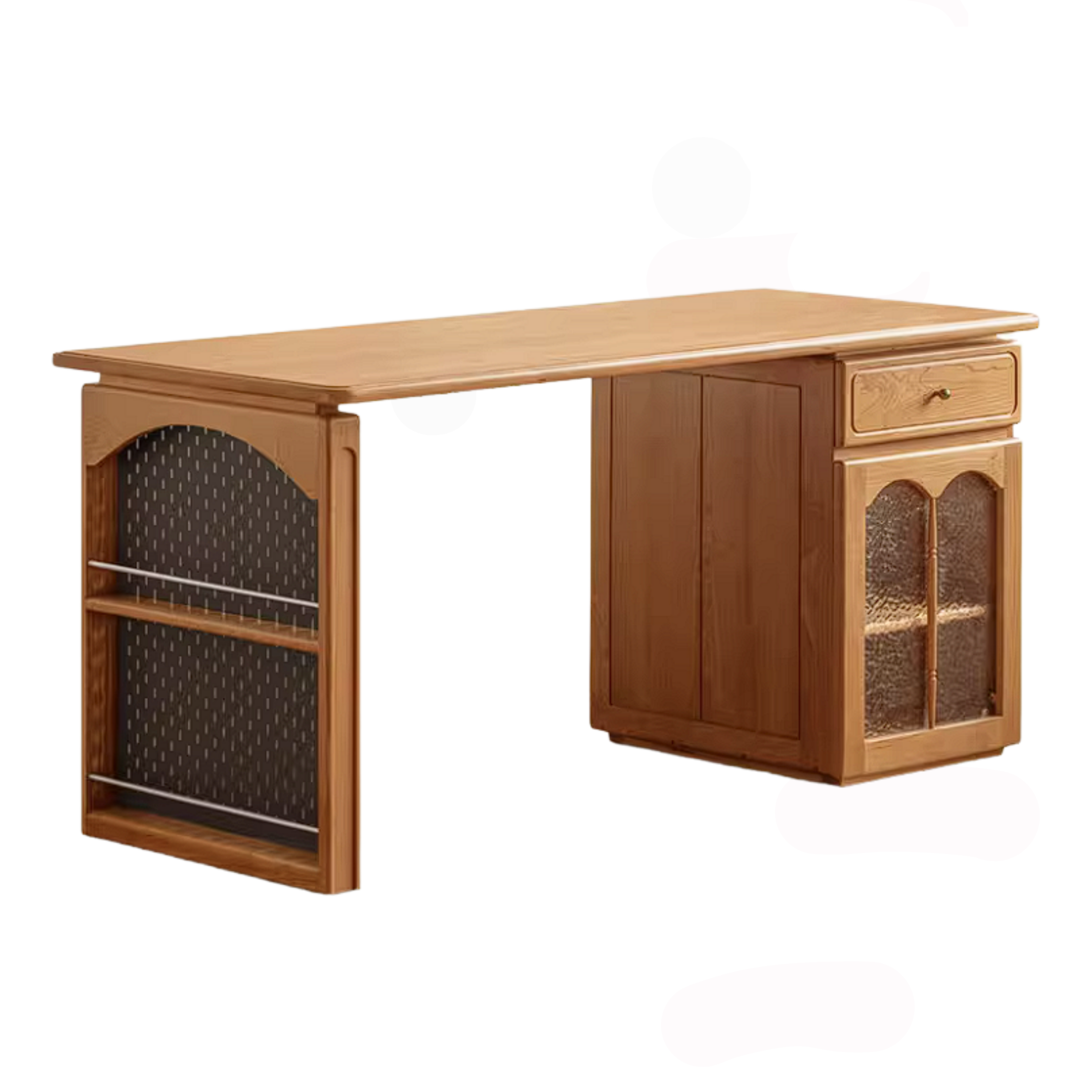 Cherry Solid Wood French Country Writing Desk with Bookshelf Hutch and Cane Door Cabinet