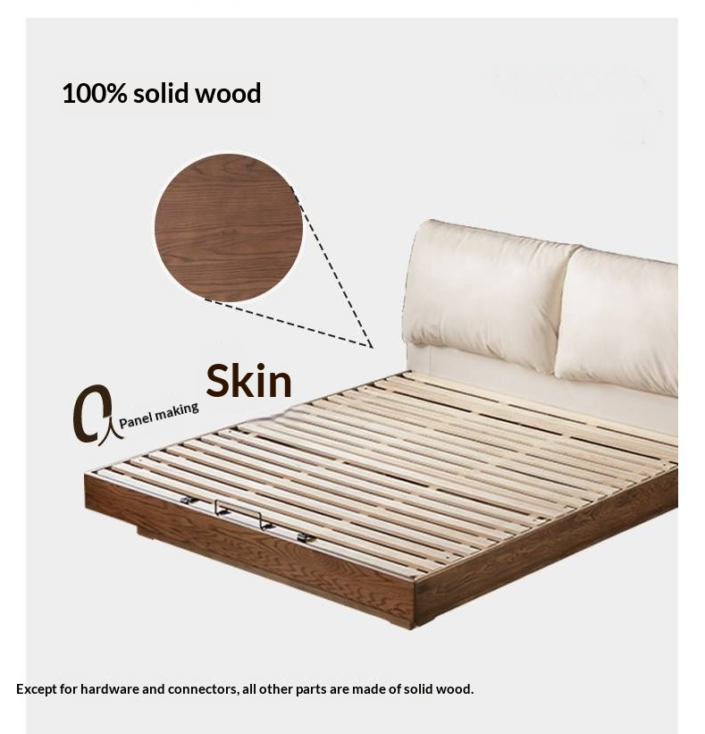 Oak Solid Wood Box Bed — Italian Light Luxury with Soft Genuine leather Backrest