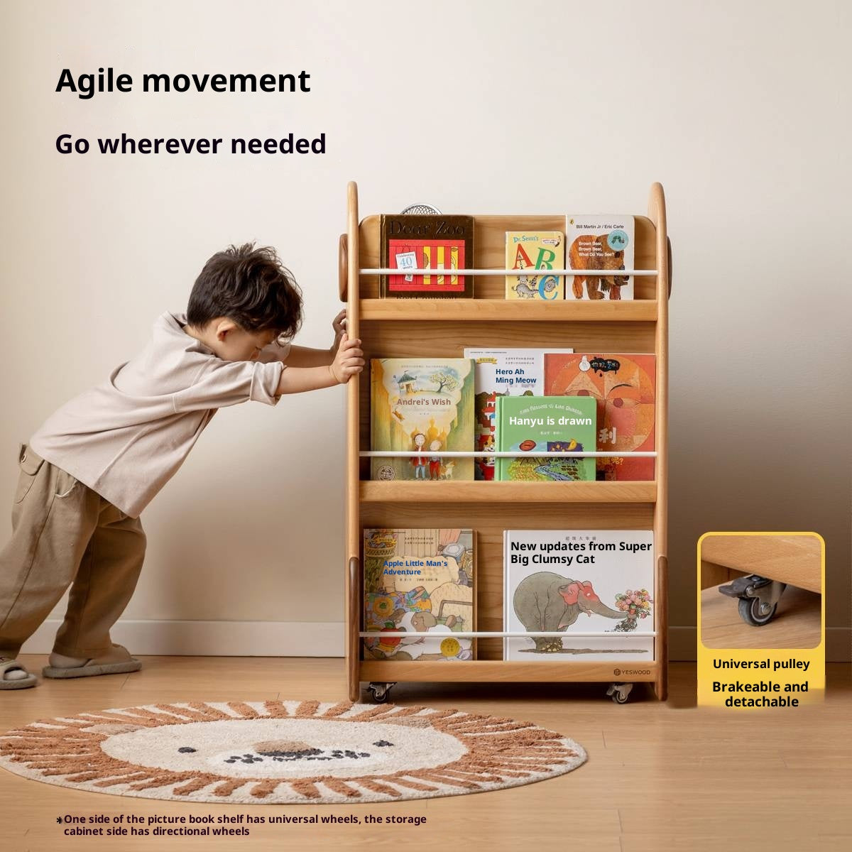 Beech Solid Wood Movable Double-Sided Floor-Standing Storage Children's Rack