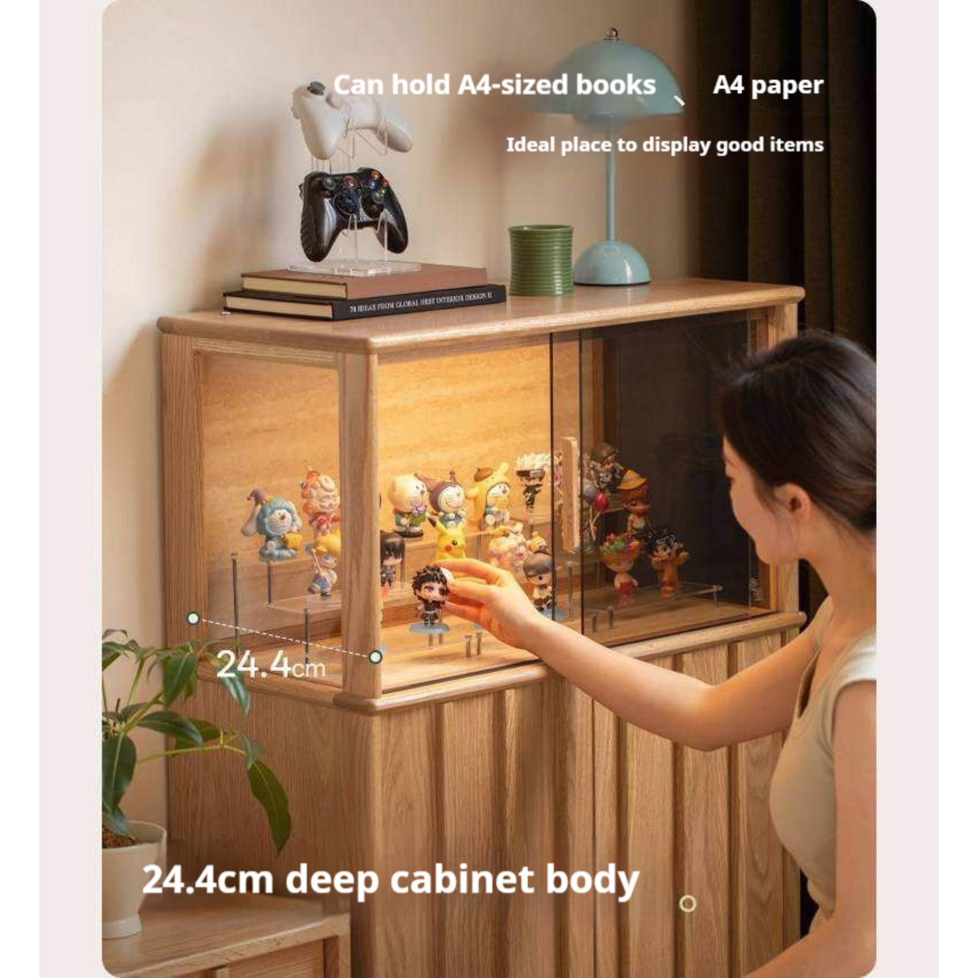Oak Solid Wood Lighted Display Cabinet with Glass Door and Fluted Wood Panels