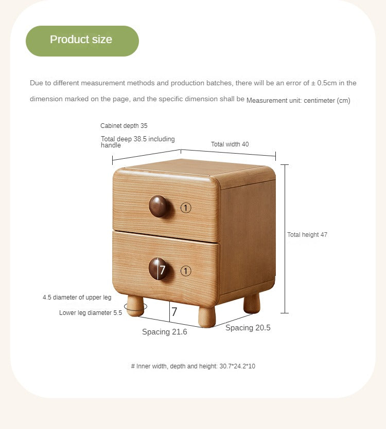 Beech Solid Wood Kids Two-Drawer Nightstand with Round Knob Pulls and Rounded Edges