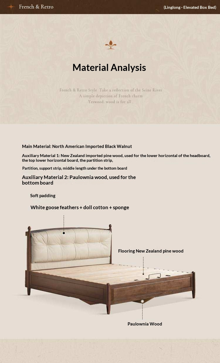 Black Walnut Solid Wood Four Poster Storage Bed with Tufted Headboard and Gas Lift