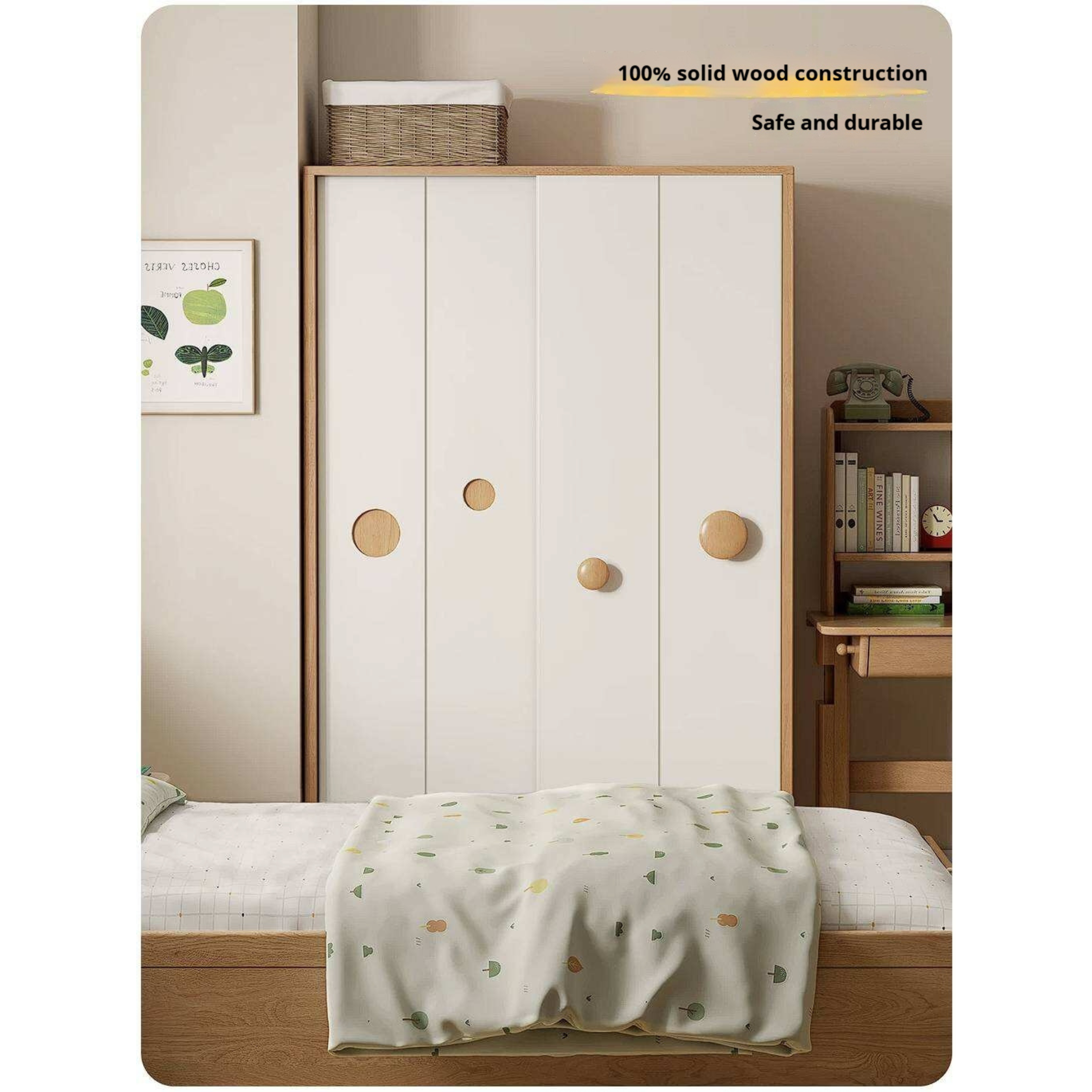 Oak, Solid Rubberwood Kids Sliding Door Wardrobe