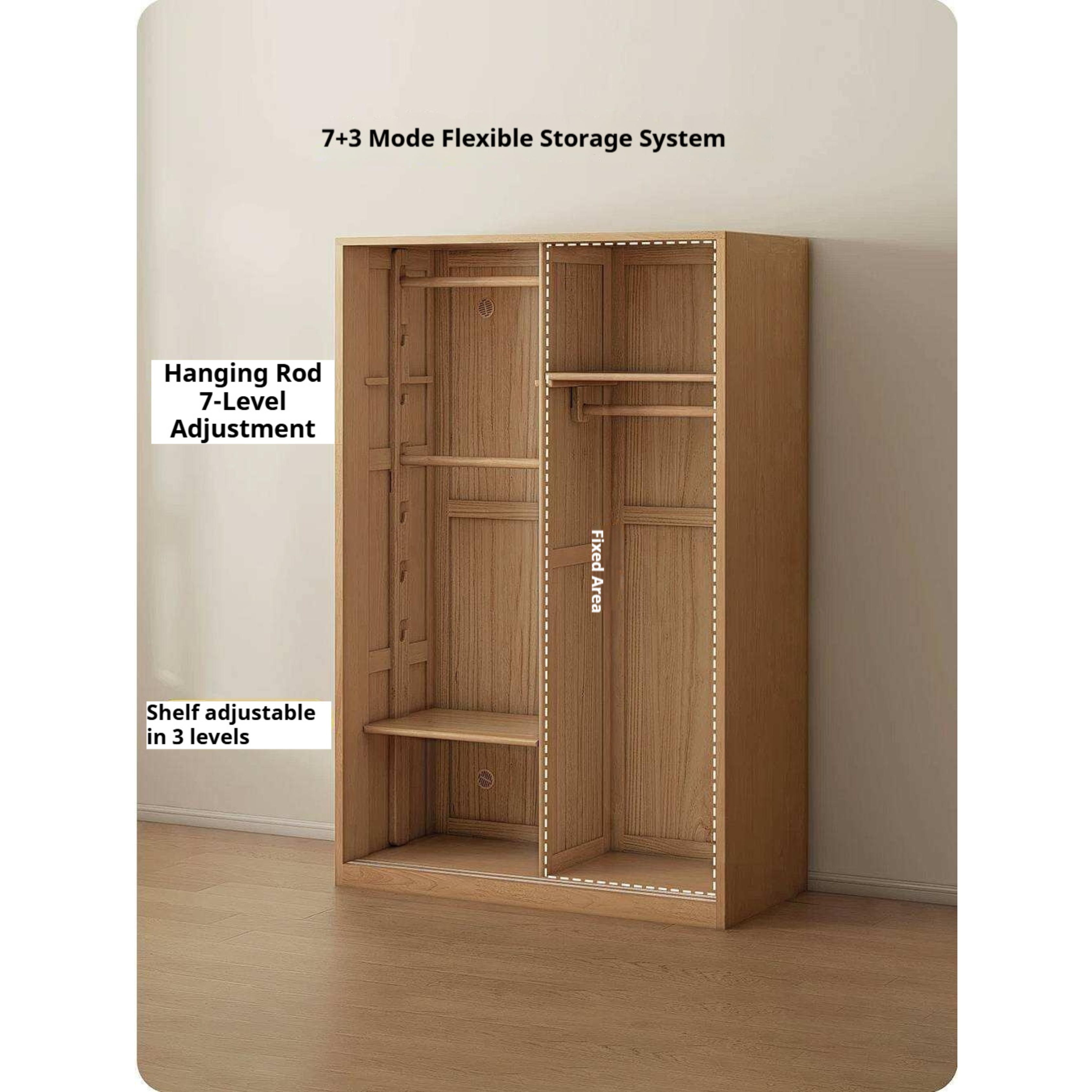 Oak, Solid Rubberwood Kids Sliding Door Wardrobe
