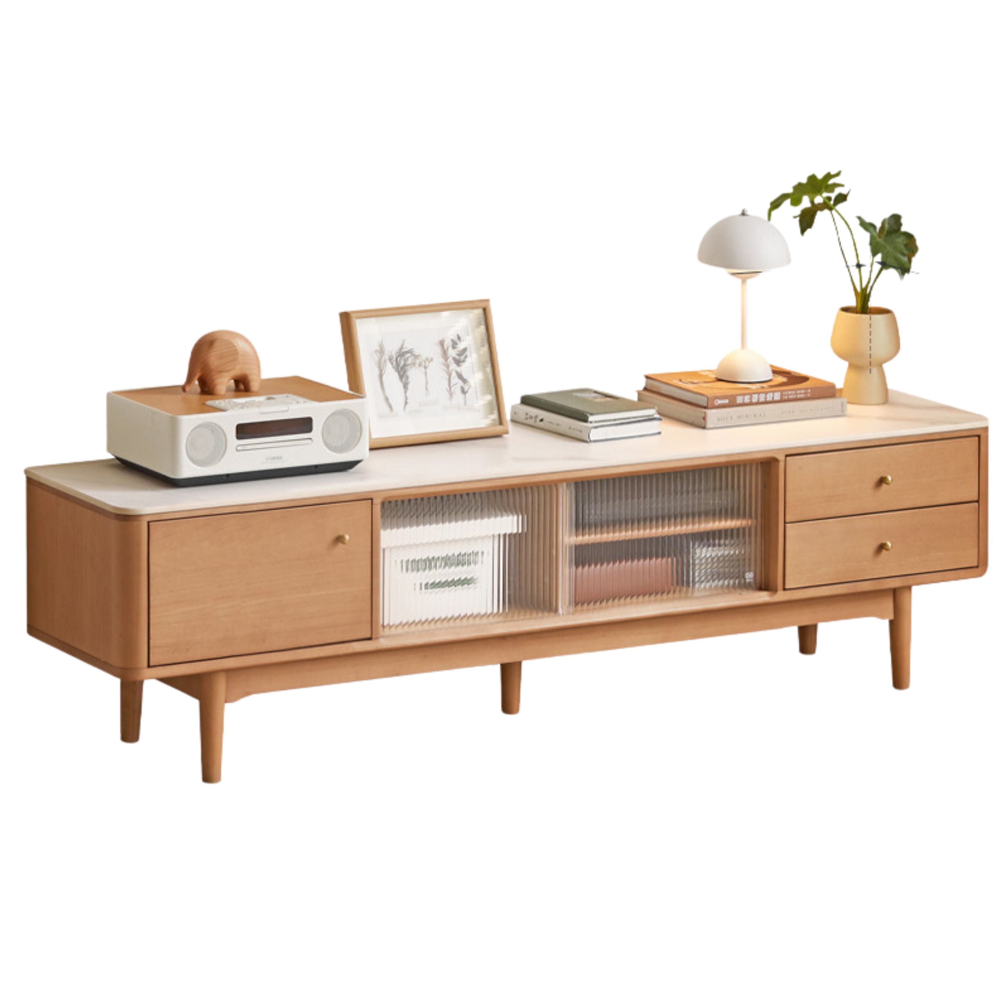 Oak Solid Wood Sliding Door TV Stand With Rock Slab Surface