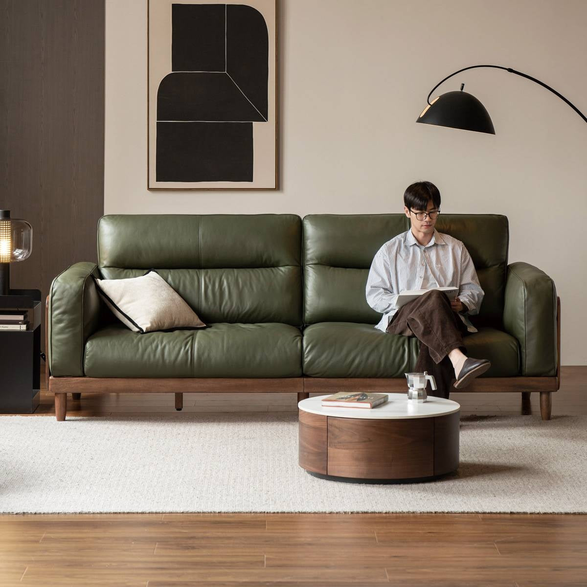 Sandalwood, Ash Solid Wood Genuine Leather, fabric High-Back Sofa